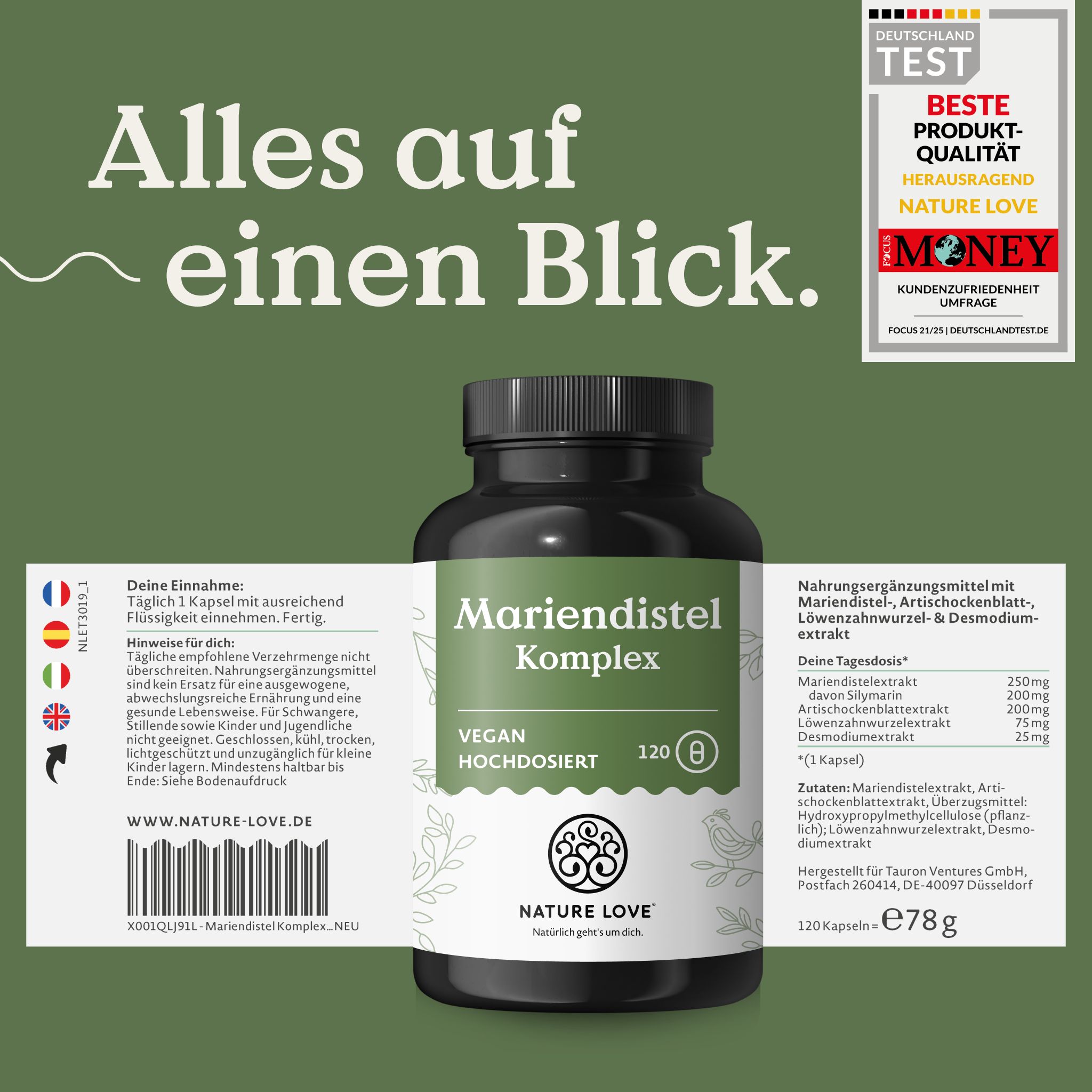Flasche 'Mariendistel Komplex' von Nature Love mit Etiketten, die Einnahmehinweise und Inhaltsstoffe zeigen. Siegel 'Deutschland Test'.
