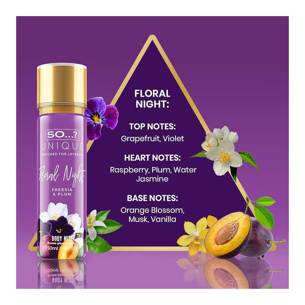 Lila Flasche mit goldfarbenem Deckel. Text: So...? Unique, Floral Night, Freesia & Plum. Noten und Früchte.