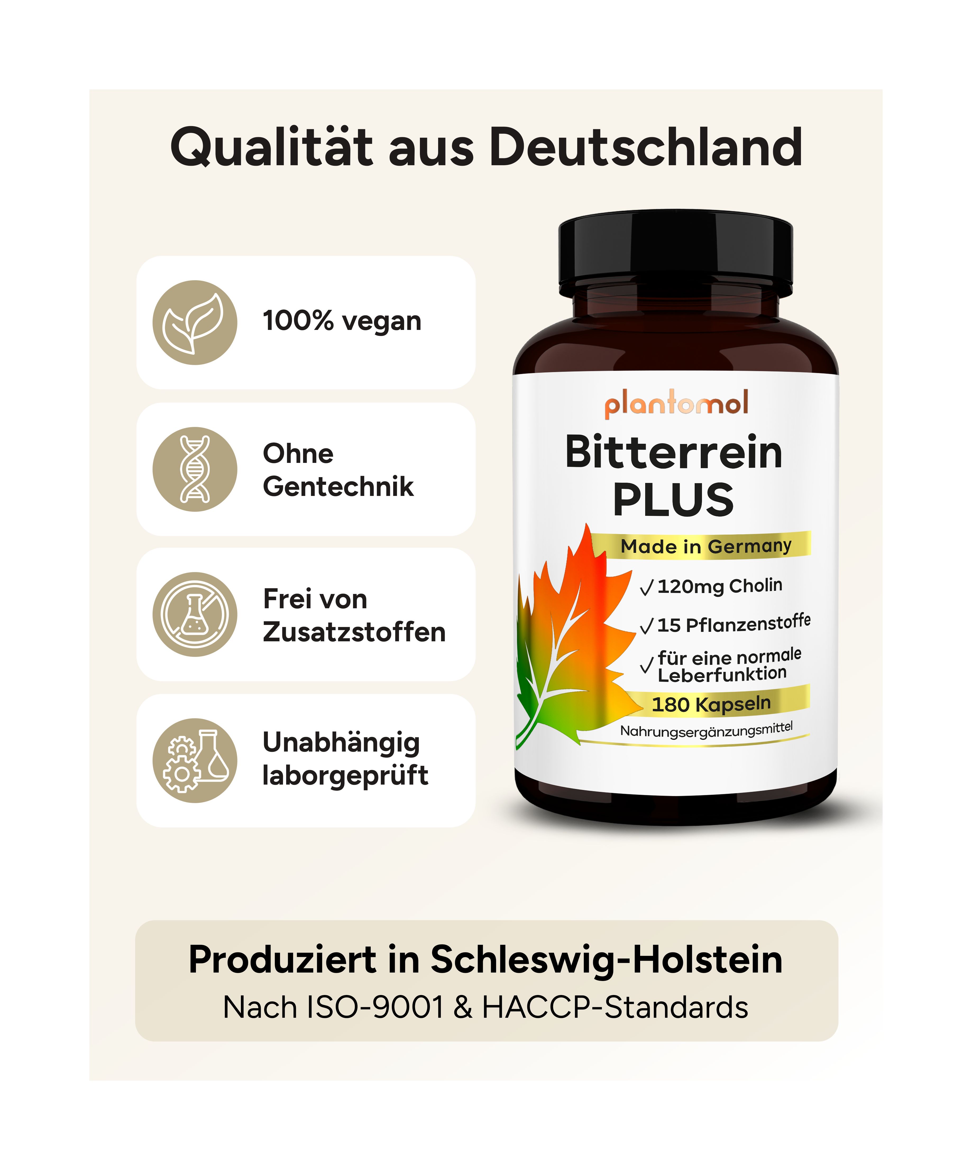 Flasche plantomol Bitterrein PLUS. Vegan, ohne Gentechnik, ohne Zusatzstoffe. Hergestellt in Deutschland.