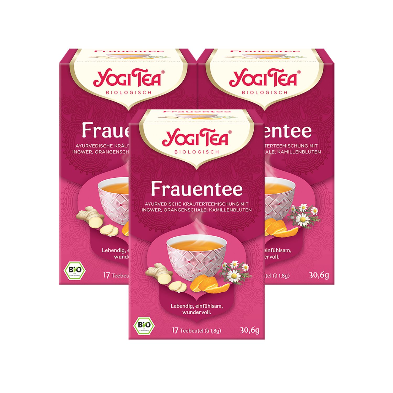 Mehrere Packungen Frauentee. Aufdruck: Yogi Tea, Frauentee, ayurvedische Kräutermischung mit Ingwer, Orangenschale, Kamillenblüten. 17 Teebeutel.