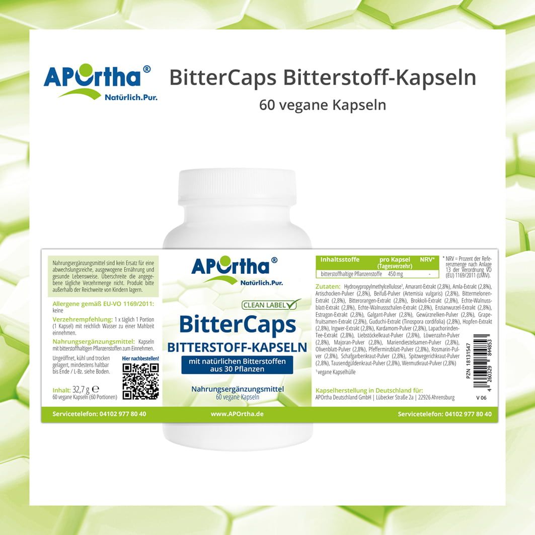 Weiße Flasche mit Etikett. Text: APOrtha BitterCaps Bitterstoff-Kapseln, 60 vegane Kapseln. Zutatenliste und QR-Code.