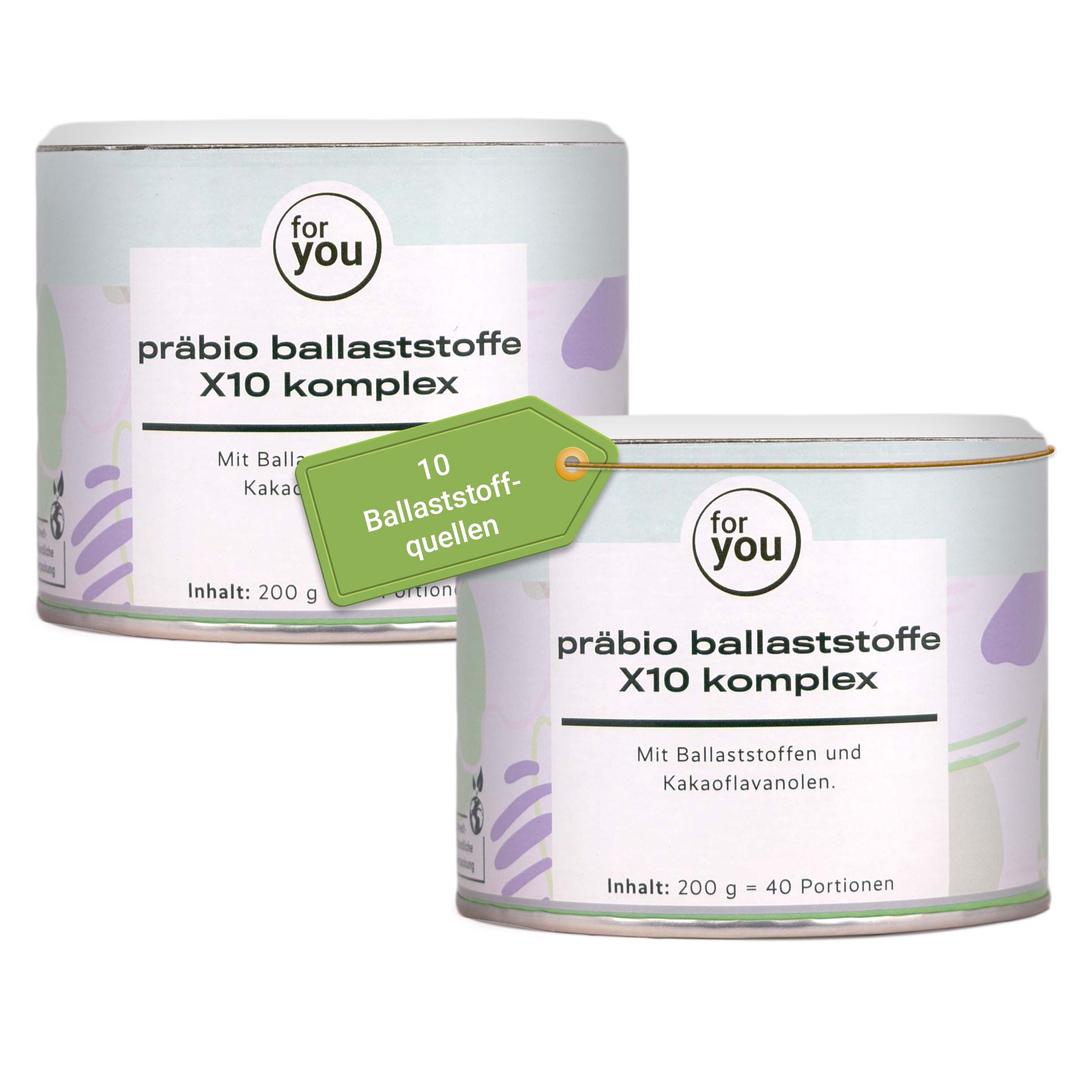Zwei Dosen Präbio Ballaststoffe X10 Komplex, 200g Inhalt.