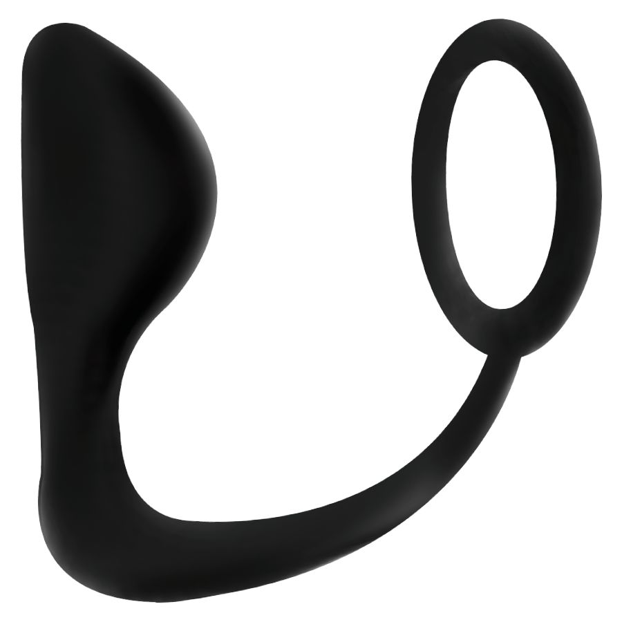 Schwarzer, flexibler Analplug mit Penisring aus Silikon.