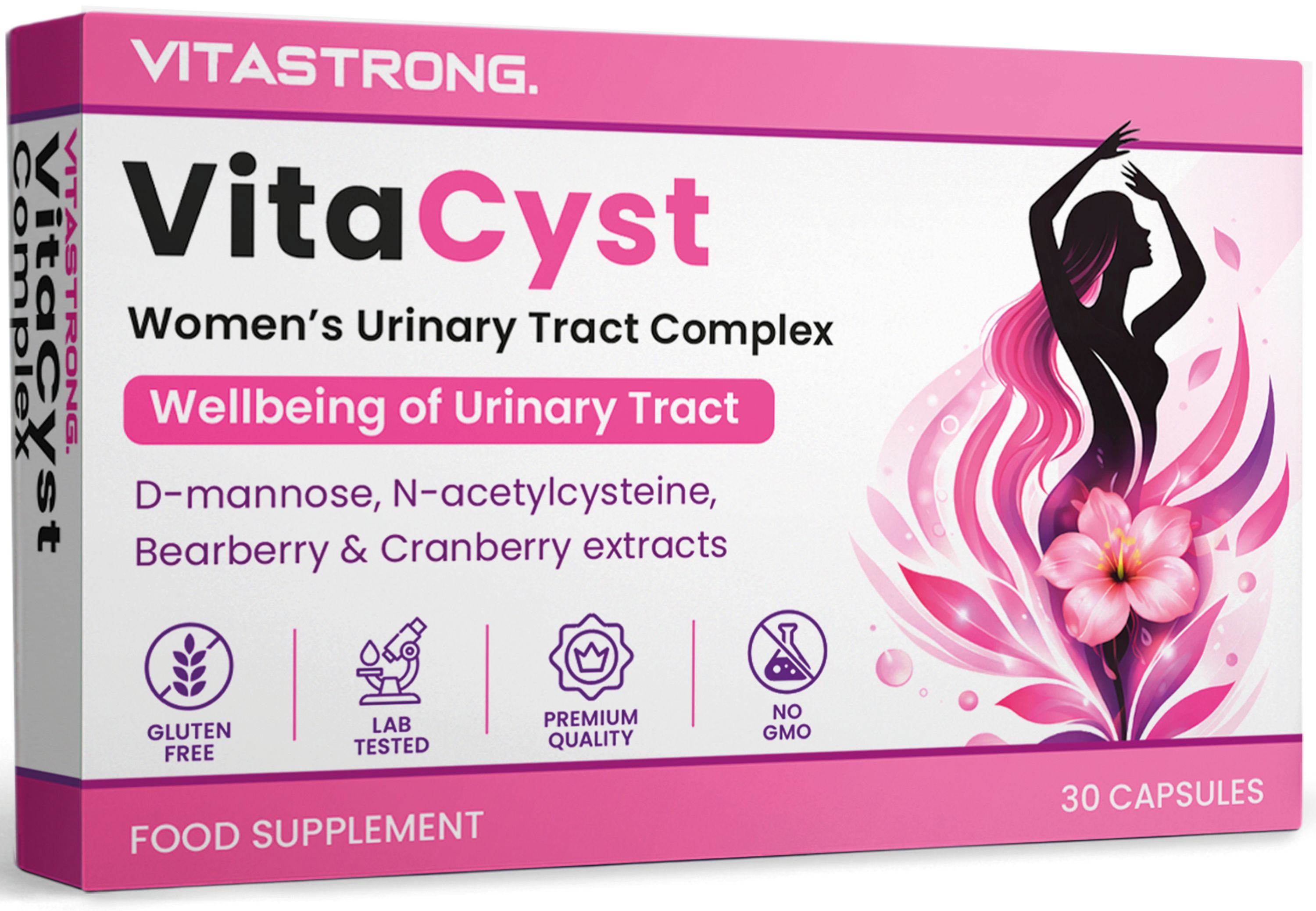Rosa Schachtel mit VitaCyst Tabletten. Enthält D-Mannose, Cranberry und Bärentraube. Glutenfrei, Labor getestet, Premium Qualität.