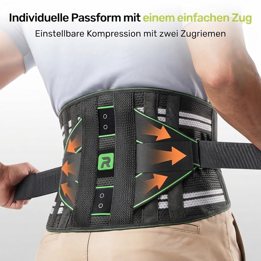 Schwarzer Rückenstützgurt mit zwei Zugriemen zur einfachen Anpassung der Kompression.