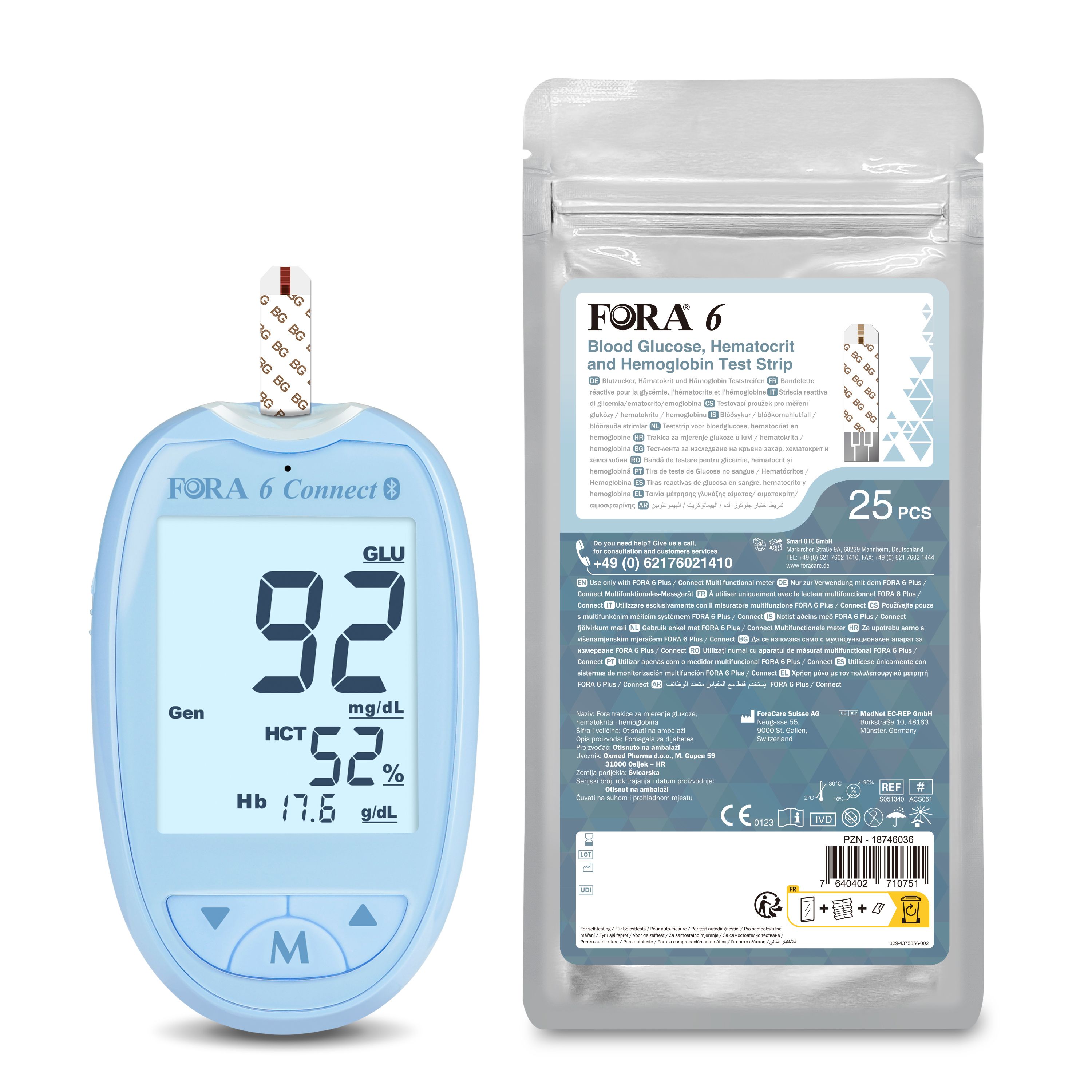 Blutzuckermessgerät FORA 6 mit Teststreifen und Verpackung. Blaues Gerät mit Display. Verpackung mit 25 Teststreifen.