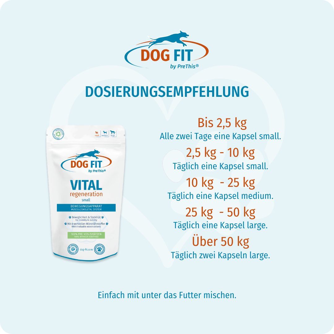 DOG FIT VITAL regeneration small Beutel. Dosierungsempfehlung nach Gewicht. Text: Einfach mit unter das Futter mischen.