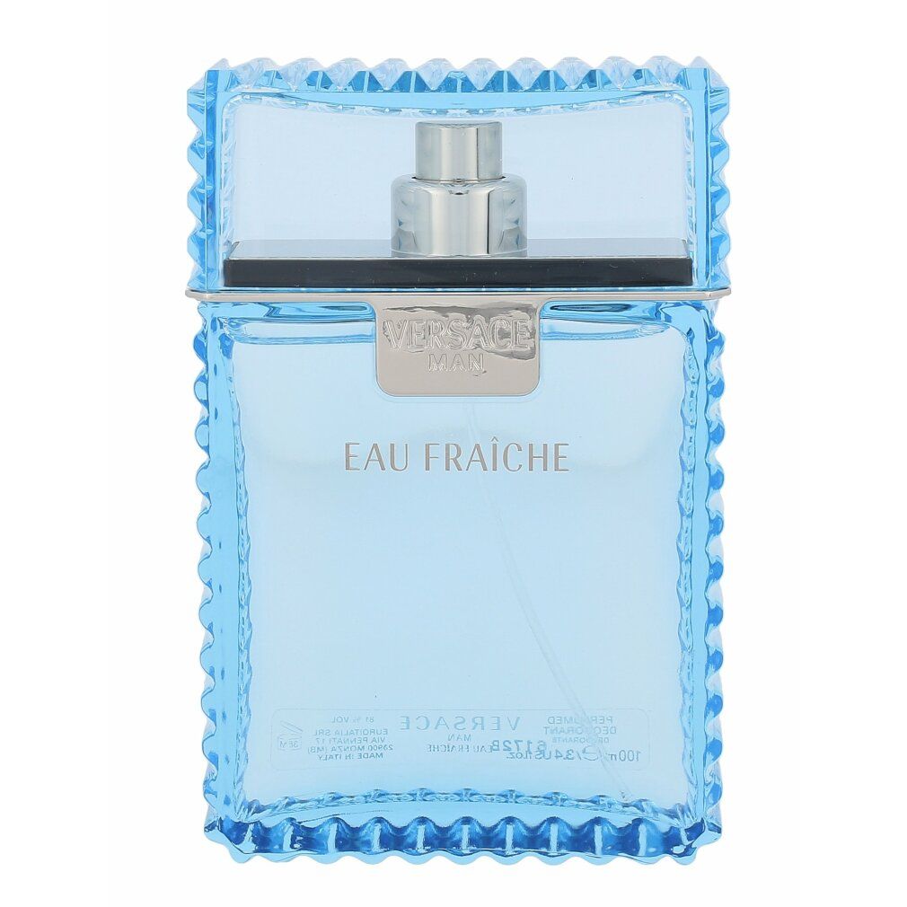 Hellblaues Deodorant-Spray. Aufschrift: Versace Man Eau Fraiche. Flakon mit geriffelten Kanten.