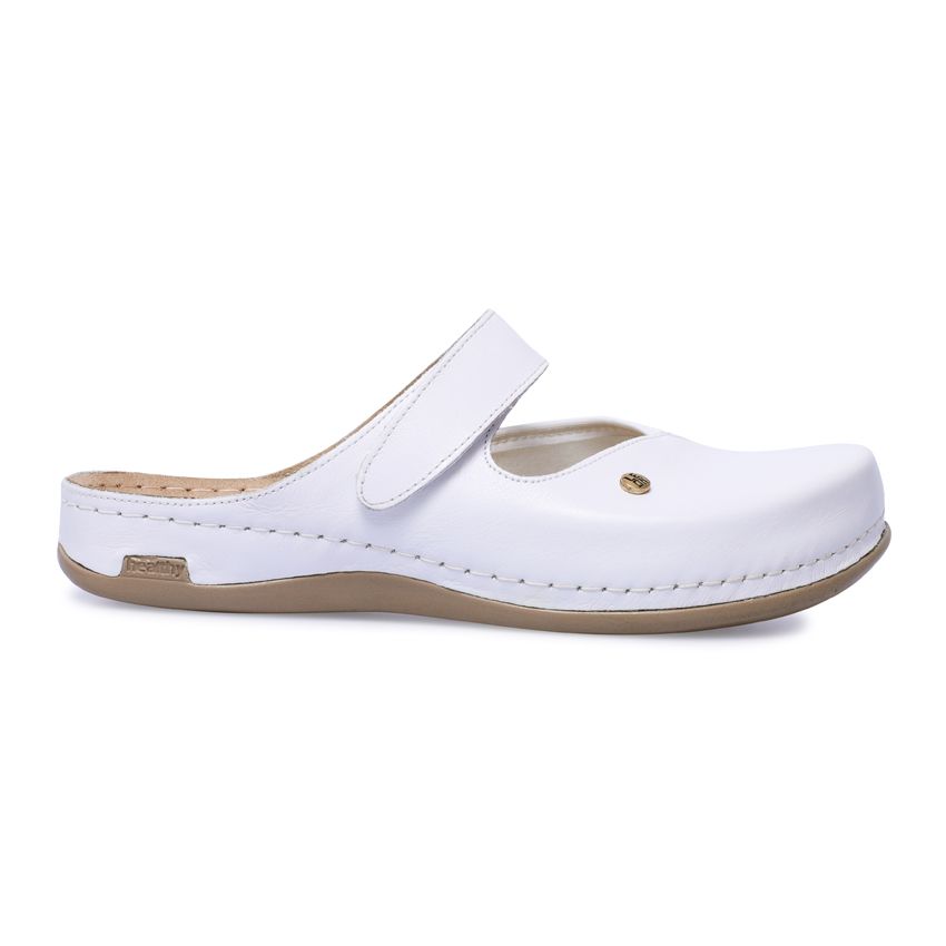 Weiße Leder-Haluxpantolette. Sichtbar: Riemen, braune Sohle, goldfarbenes Logo. Seitenansicht.