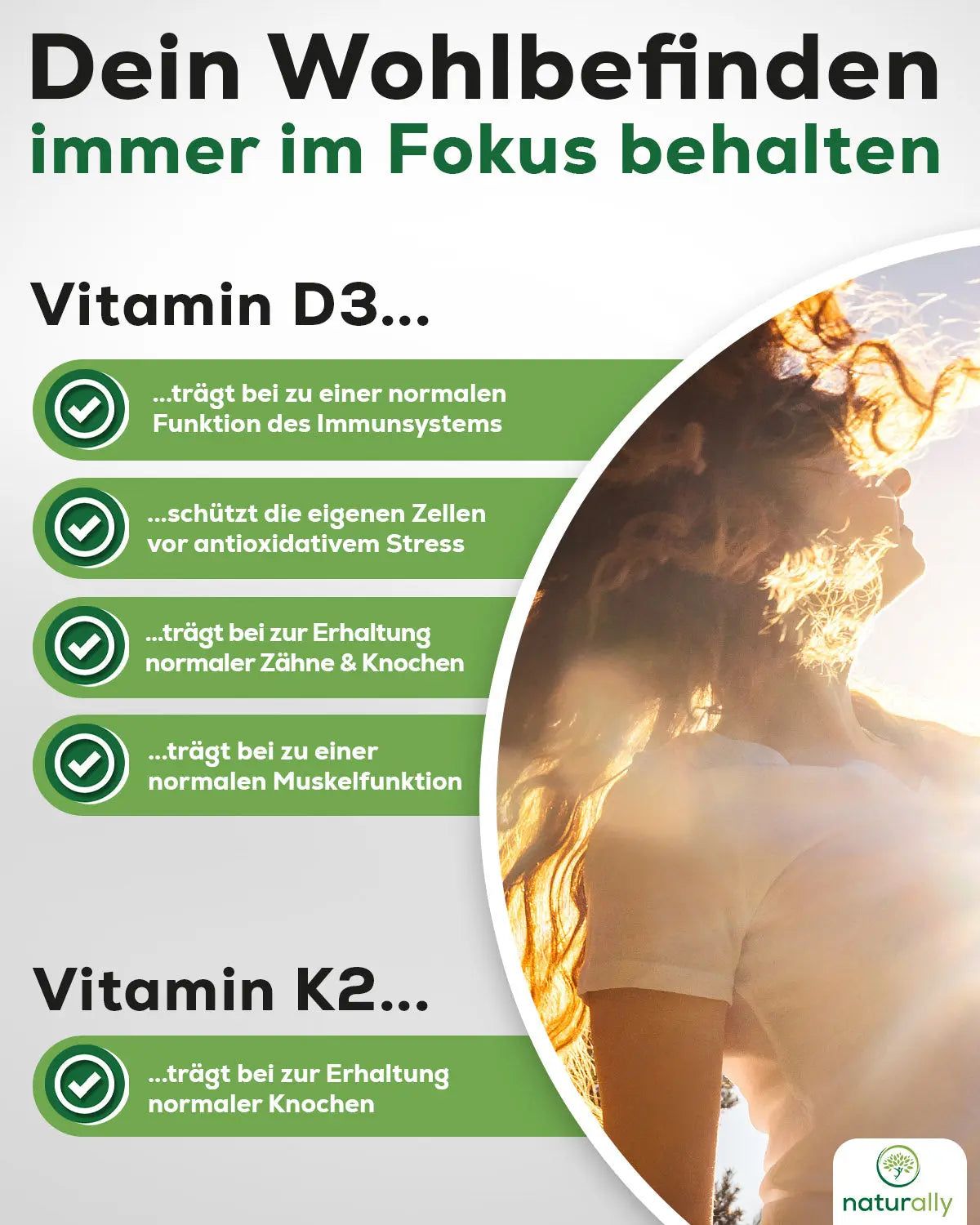 Infografik mit grünen Checkzeichen und Texten zu Vitamin D3 und K2. Eine Frau im Hintergrund.