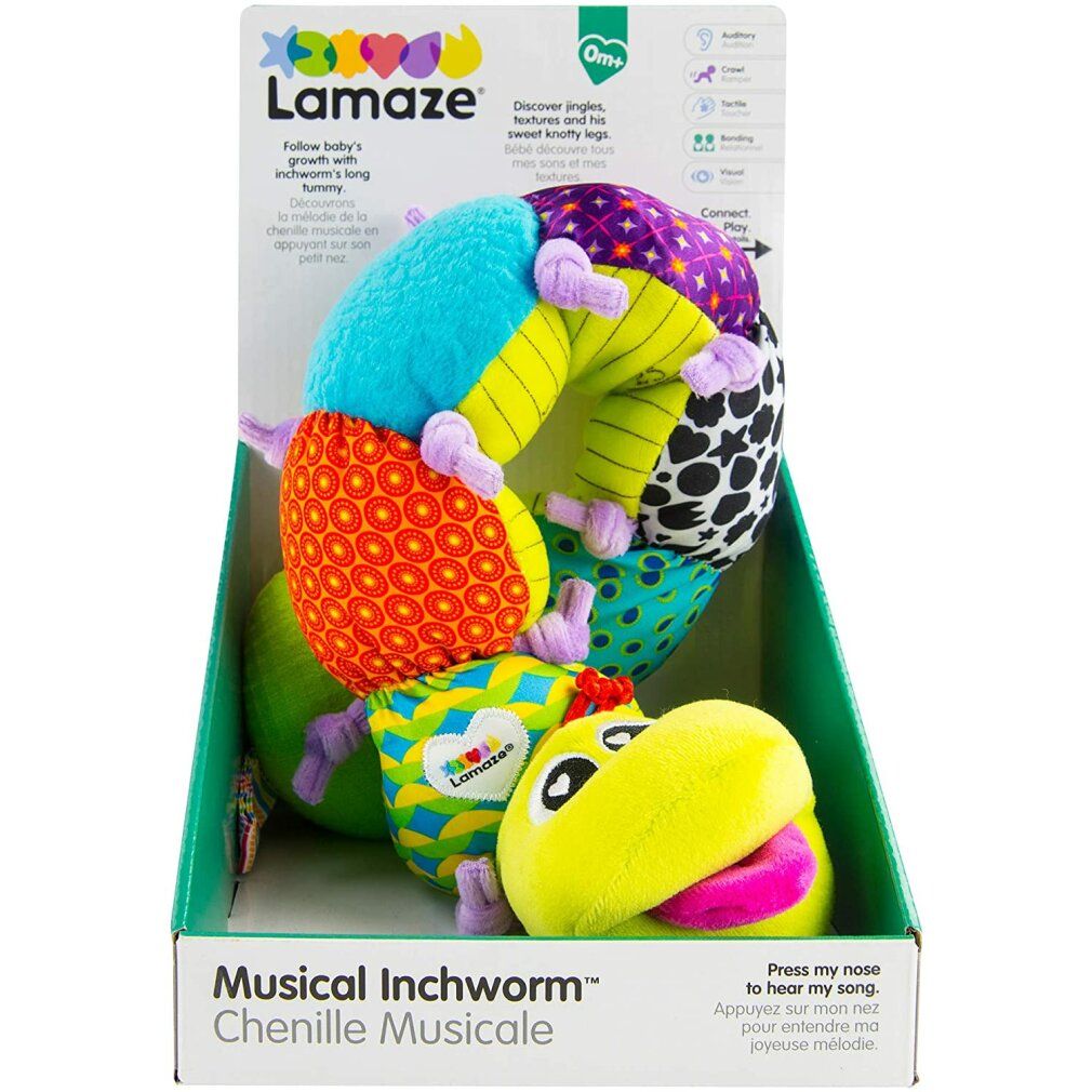 LAMAZE Wurm mit Musik. Bunter Stoffwurm in Verpackung. Verschiedene Texturen und Farben. Verpackung mit Logo und Produktname.
