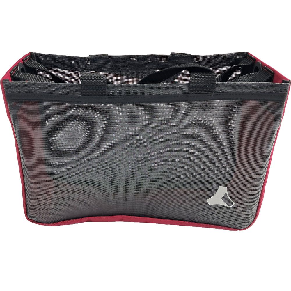 Tasche für Rollator. Schwarzes Netzmaterial mit rotem Rand. Zwei Tragegriffe. Weißes Logo unten rechts.