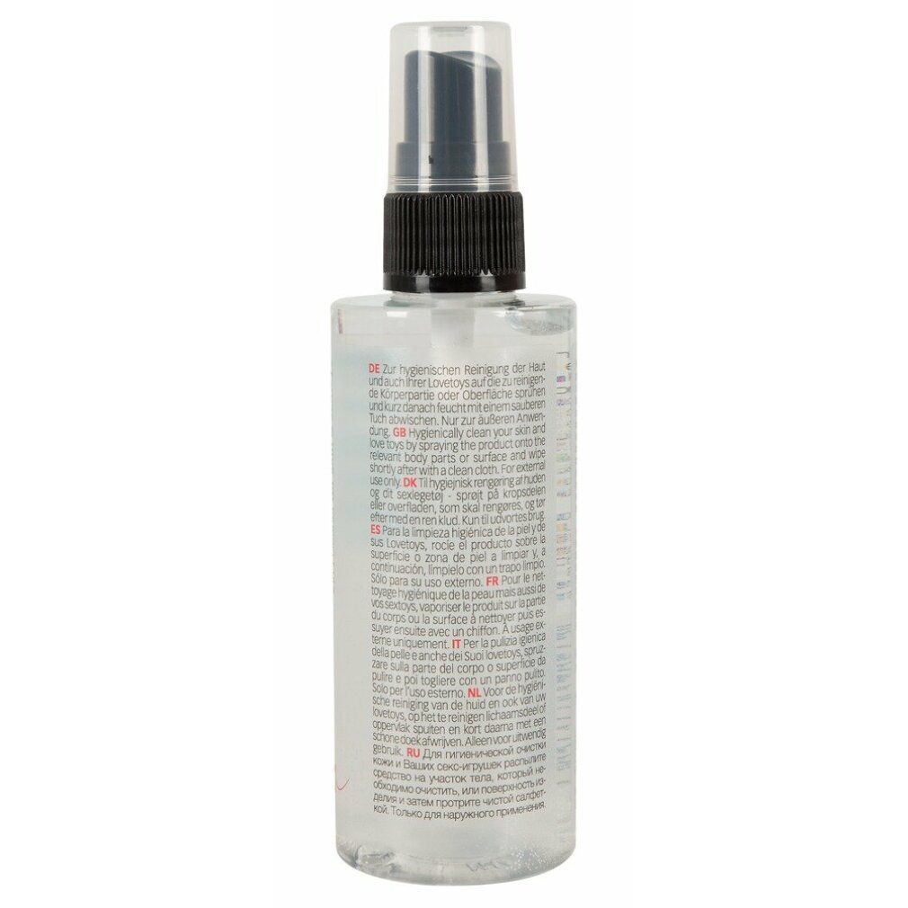 Transparente Flasche mit Sprühkopf. Rückseite mit Text. Marke: Just Play. Produktname: 2 in 1 Cleaner.