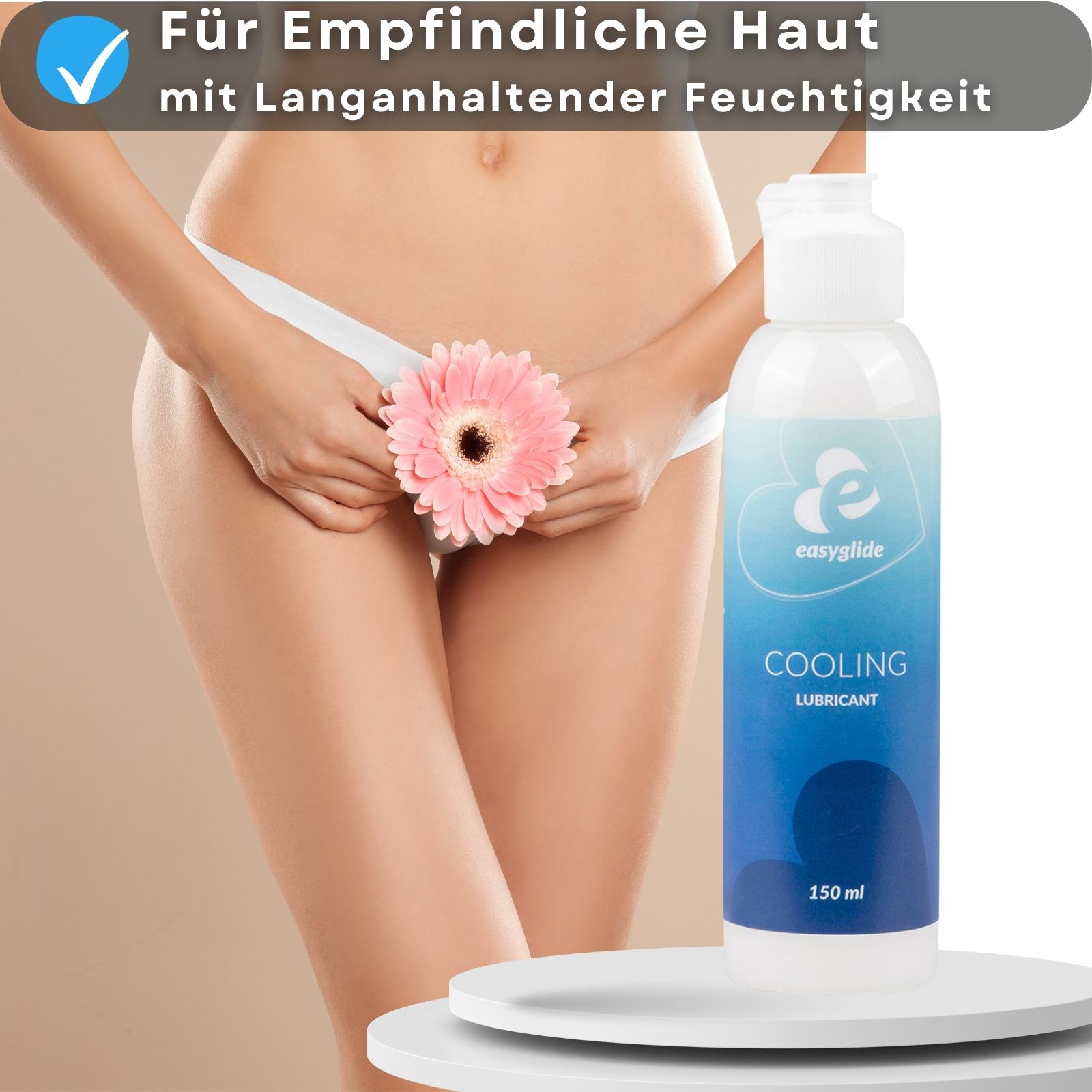 Flasche mit weißem Deckel. Aufschrift: Easyglide, Cooling Lubricant. Blaue Farbverläufe. 150 ml. Frau mit Blume.
