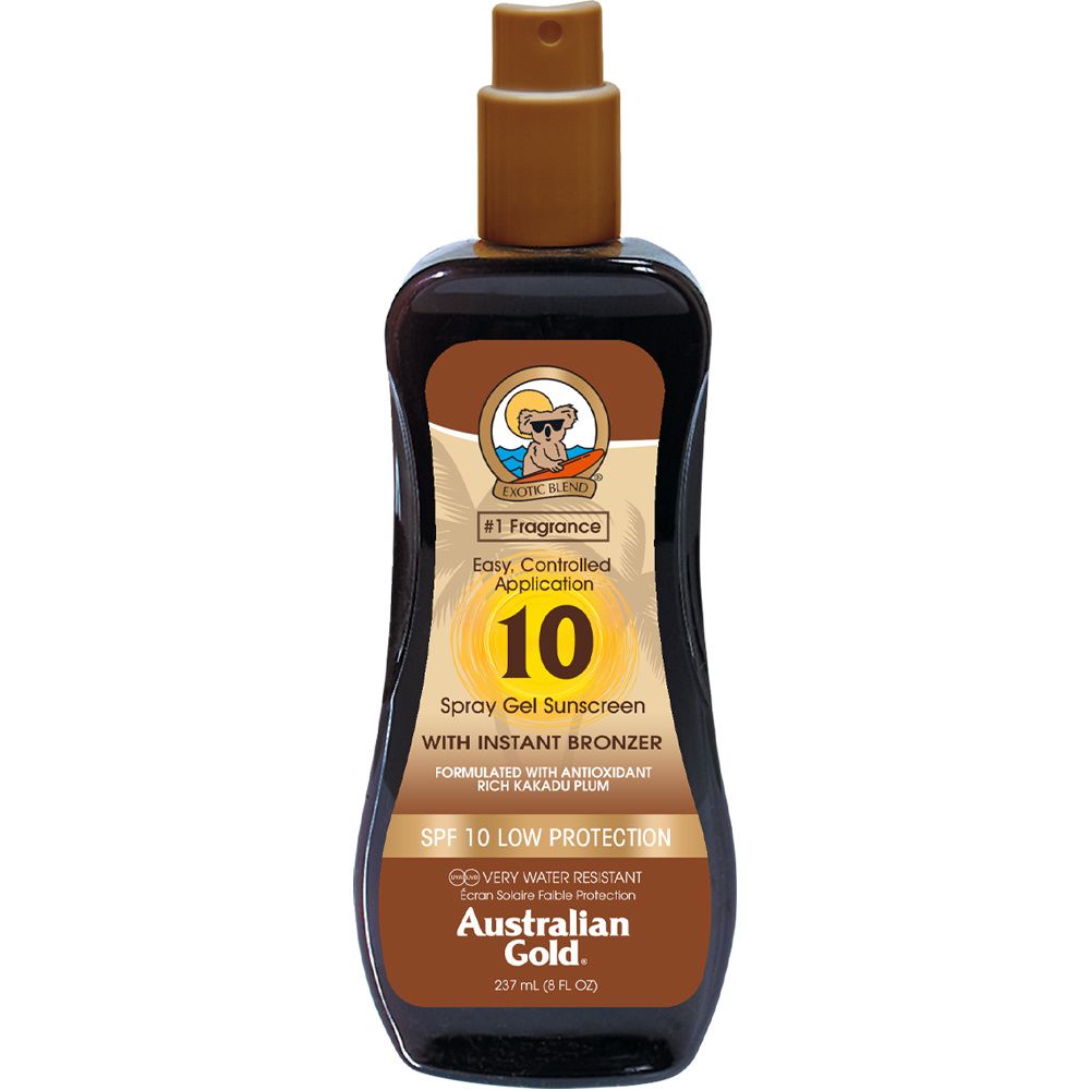 Braune Sprühgel-Sonnencreme-Flasche mit Aufschrift "10" und "Australian Gold". Enthält Bronzer und SPF 10.