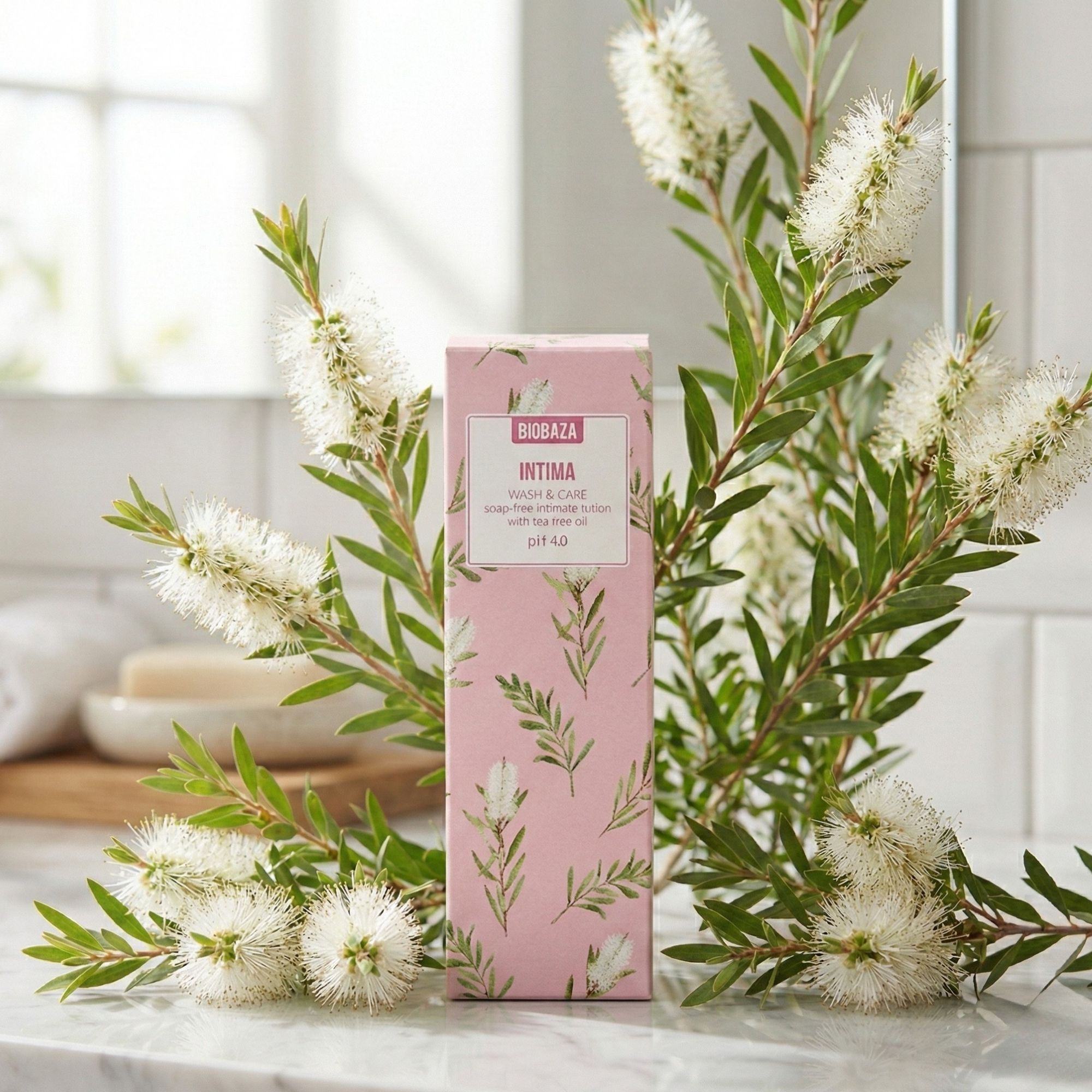 Rosa Verpackung mit floralem Muster. Text: Intima Wash & Care, seifenfreie Intimwaschlotion mit Teebaumöl, pH 4.0. Umgeben von Zweigen mit weißen Blüten.