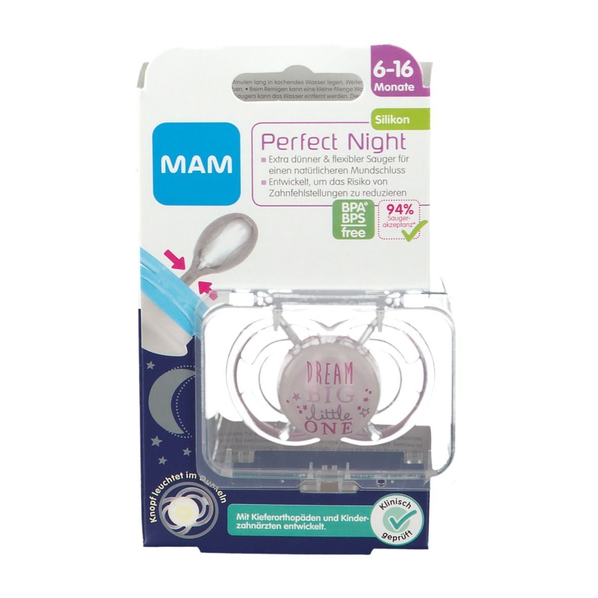 Schnuller in Verpackung. Transparente Halterung, rosa Sauger mit Schriftzug. Verpackung mit Produktname und Altersempfehlung.