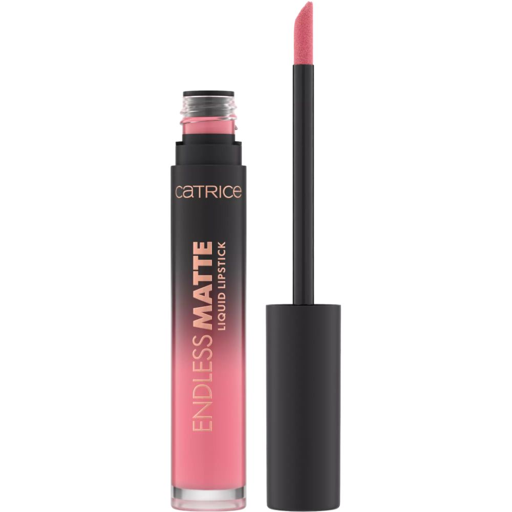Catrice Endless Matte Flüssiger Lippenstift. Rosa Farbton. Schwarzer Deckel und Applikator. Produkt und Applikator sind sichtbar.