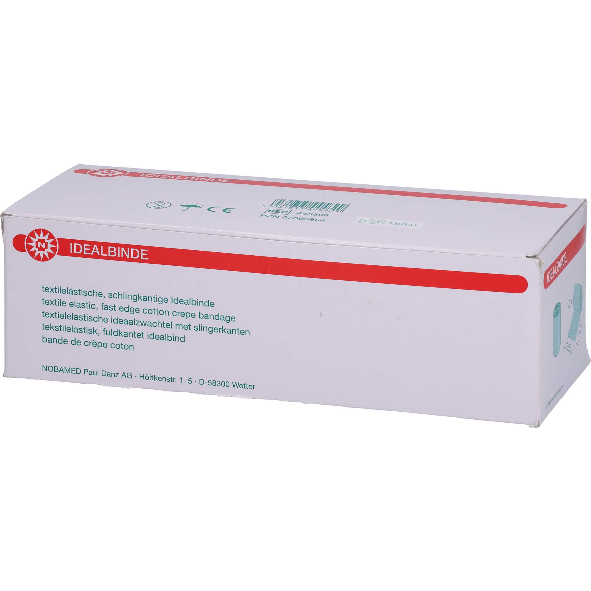 Weiße Verpackung mit roter Linie und Schriftzug IDEALBINDE. Text in mehreren Sprachen. Produktname und Hersteller.