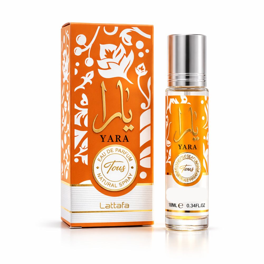 Parfümflasche und Verpackung. Orangefarbene Verpackung mit floralem Muster und goldener Schrift. Flasche mit silberner Kappe.