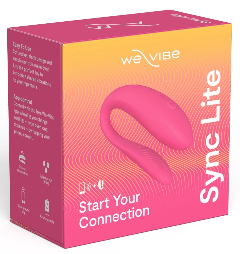 Rosa Produkt in rosa Verpackung. Verpackung mit Produktabbildung und Text: Sync Lite, We-Vibe.