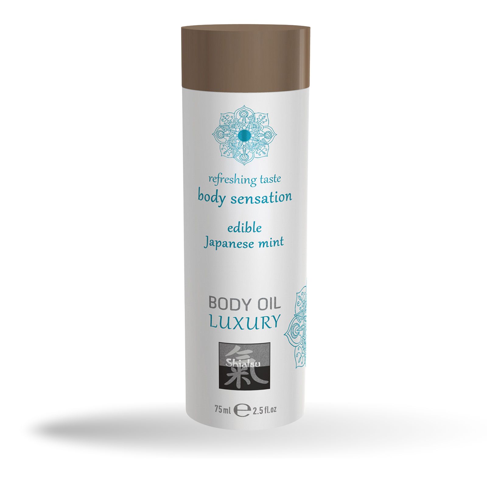 Körperöl-Flasche mit braunem Deckel. Aufschrift: Japanese Mint, Body Oil Luxury, 75ml. Türkises Mandala-Design.