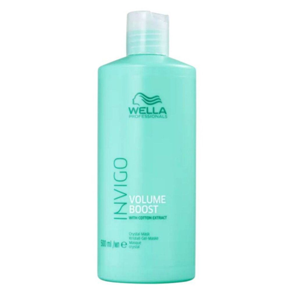 Türkisgrüne Flasche mit Wella Invigo-Logo und Text. Produktname: Volume Boost Crystal Mask. Mit Baumwollextrakt. 500 ml.