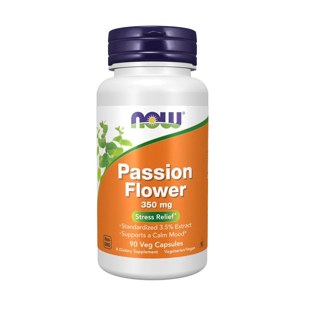 Weiße Flasche mit blauem Deckel. Aufschrift: Passion Flower, 350 mg, Stress Relief. 90 Veg Capsules. Marke: now.