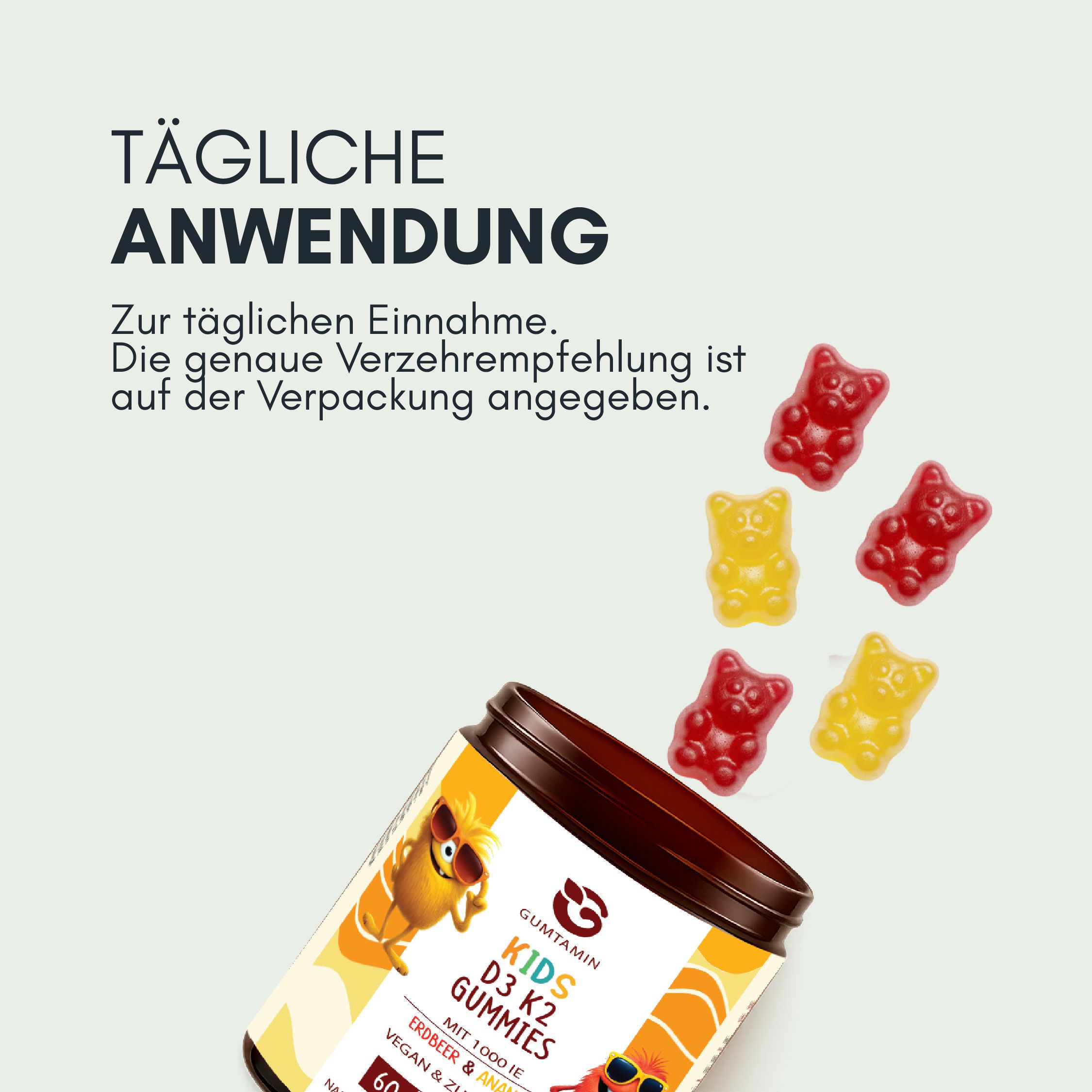 Dose mit Gummibärchen. Aufschrift: Gumtamin, Kids D3 K2 Gummies, Erdbeere & Ananas, 60 Gummies. Gummibärchen fallen aus der Dose.