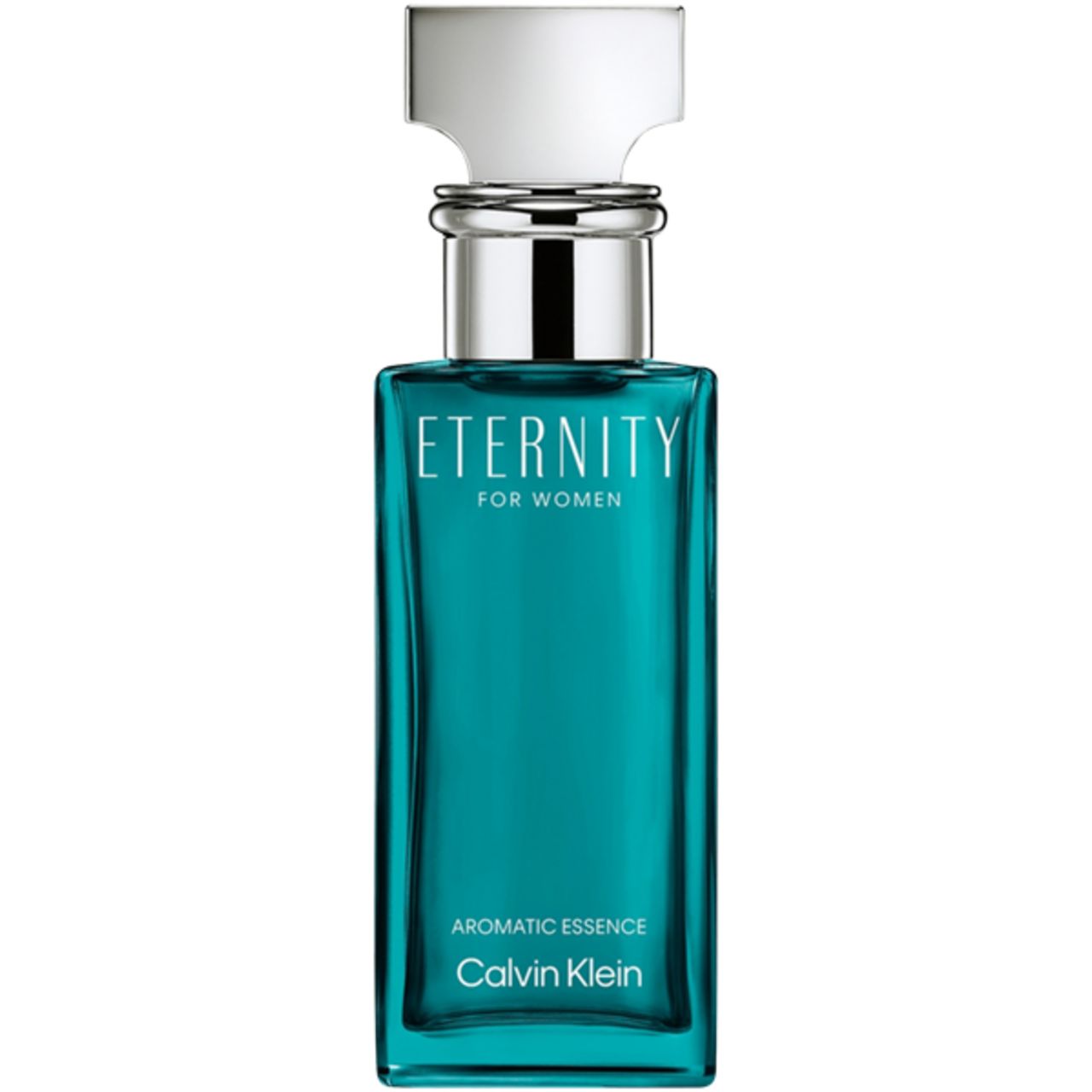 Türkisgrüner Flakon mit silbernem Verschluss. Schriftzug: Eternity for Women, Aromatic Essence, Calvin Klein.