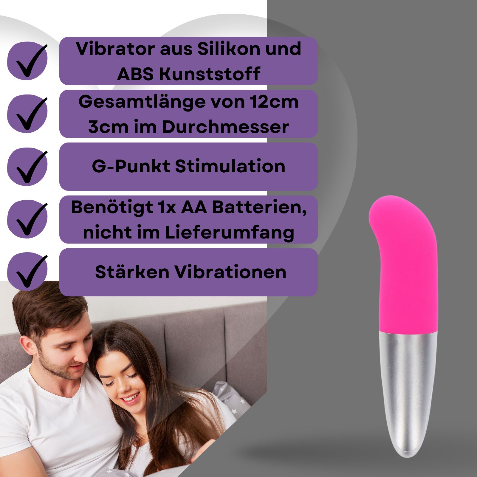 Pinkfarbener Vibrator mit silberfarbenem Schaft. Aus Silikon und ABS-Kunststoff. G-Punkt Stimulation. 12cm lang, 3cm Durchmesser.