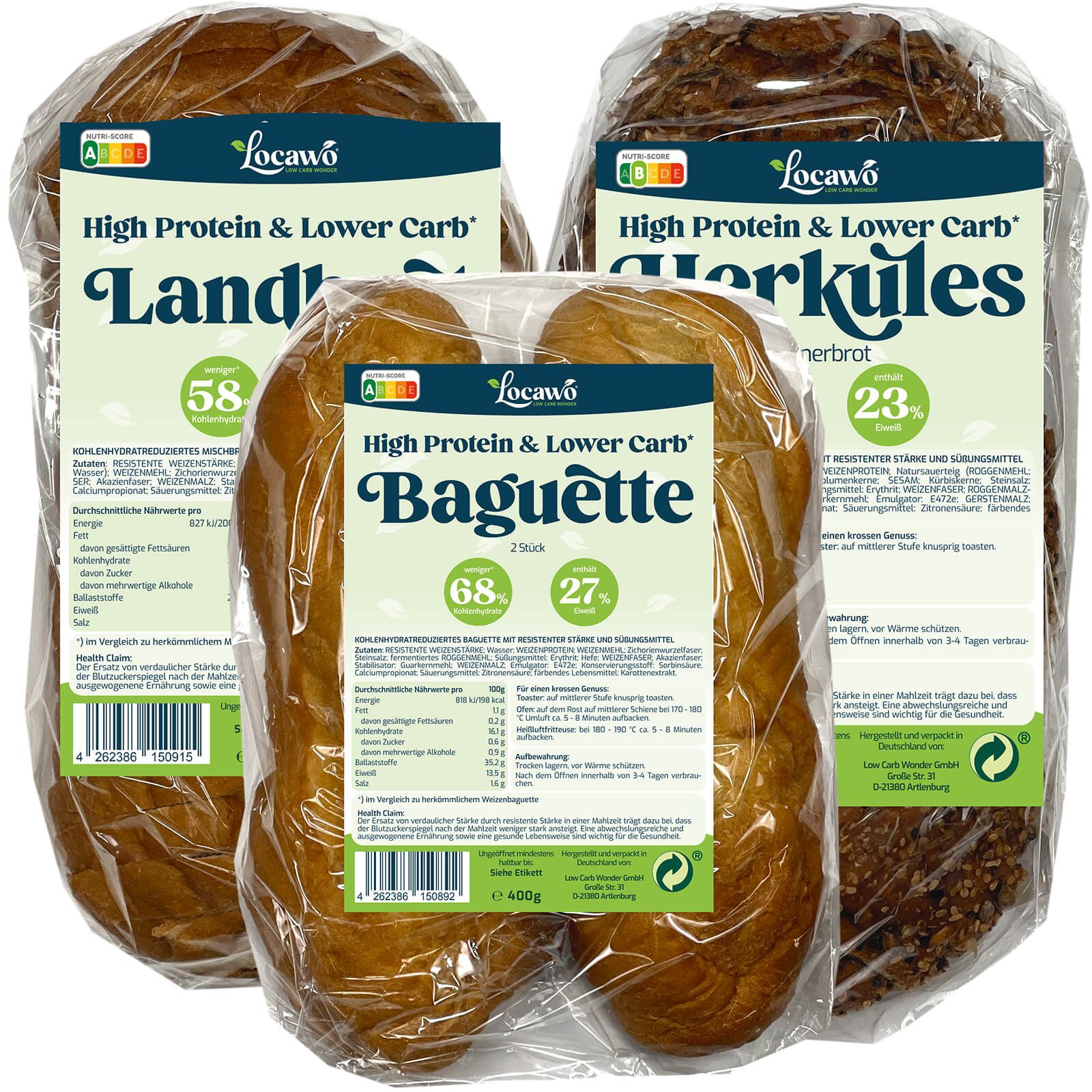 Drei Brote in Folie verpackt. Beschriftung: Locawo, High Protein & Lower Carb. Sorten: Landbrot, Baguette, Herkules Körnerbrot. Mit Nährwertangaben.