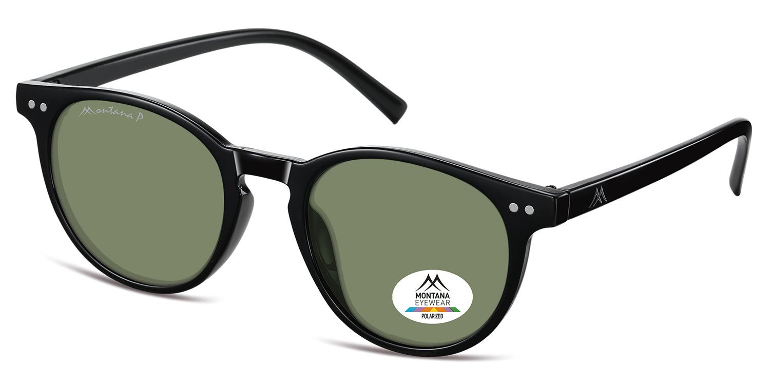 Sonnenbrille mit schwarzem Rahmen und grünen Gläsern. Montana Eyewear Logo auf dem Glas. Polarisierte Gläser.