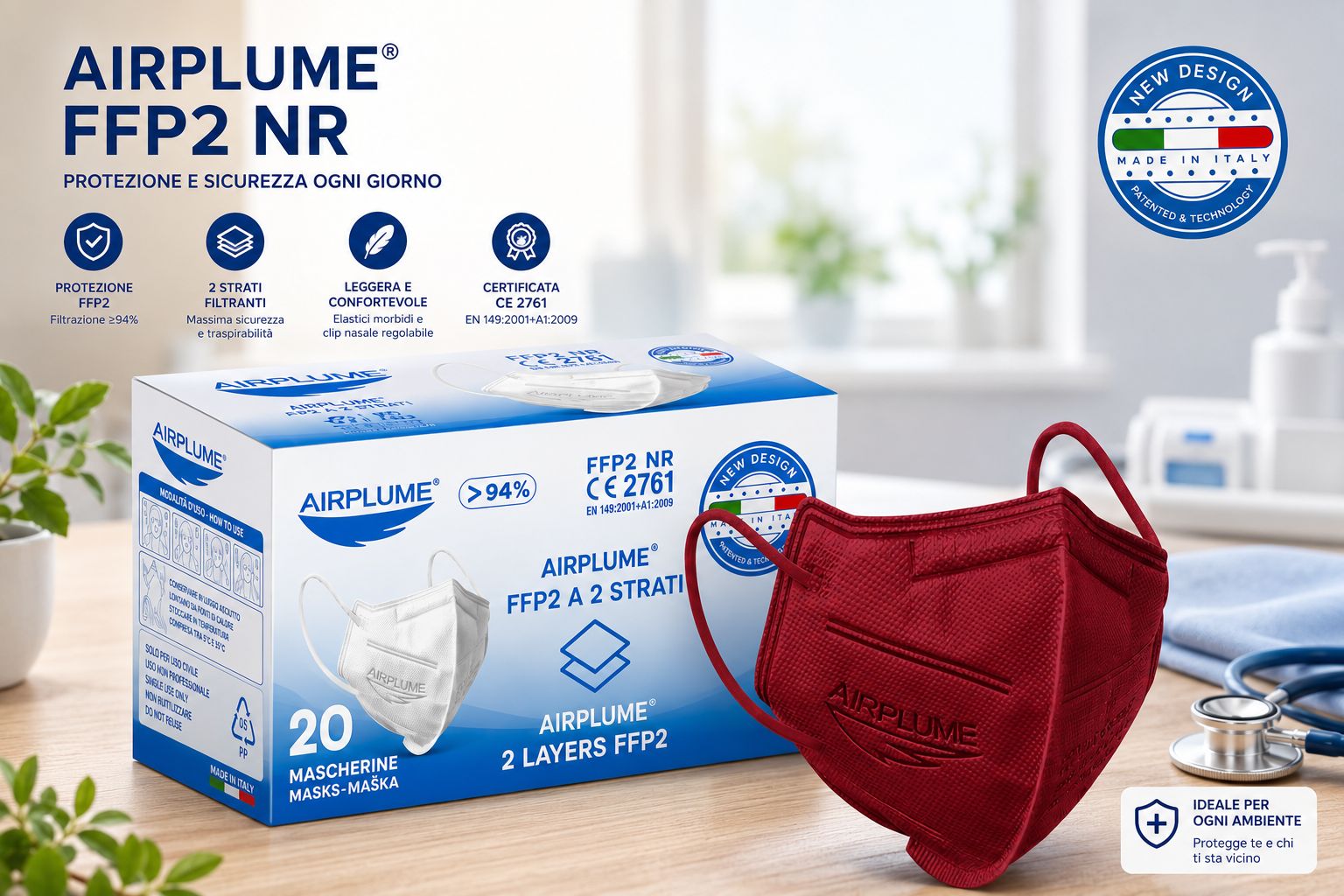 Airplume FFP2 NR Maske in Rot, 2 Lagen, CE 2761 zertifiziert. Packung mit 20 Stück.