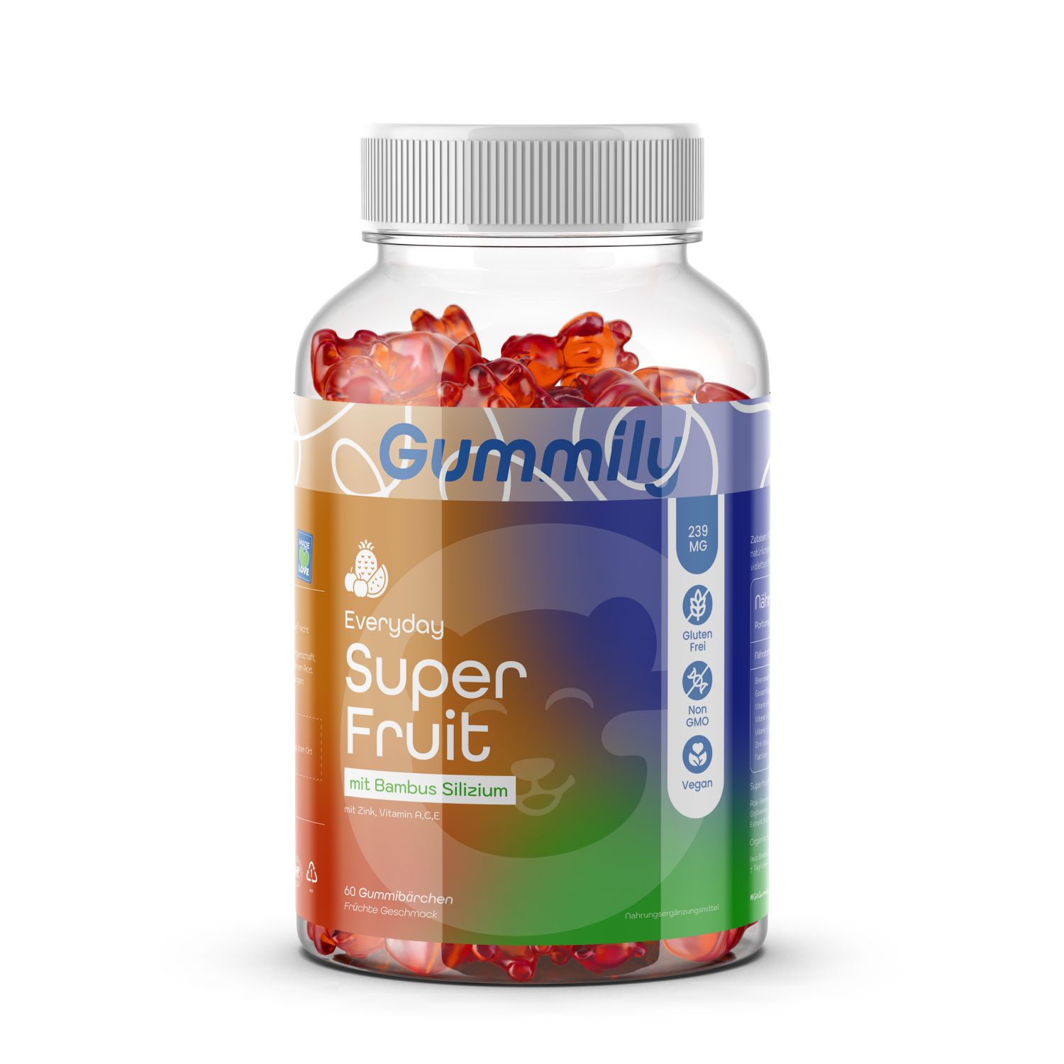 Klare Flasche mit Gummibärchen. Aufkleber mit "Gummily", "Super Fruit", "Bambus Silizium". Vegan, glutenfrei, zuckerfrei.