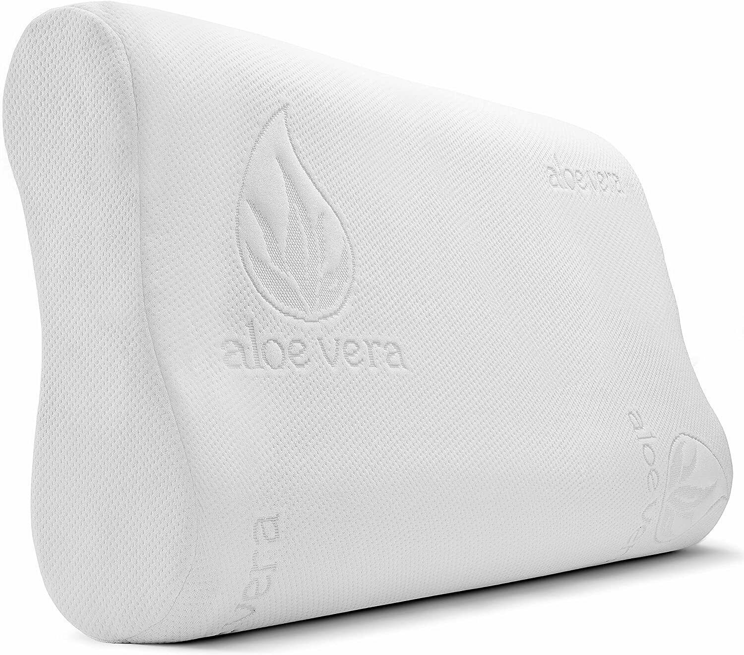 Weißes orthopädisches Nackenkissen mit Wellenform. Logo und Schriftzug "aloe vera".