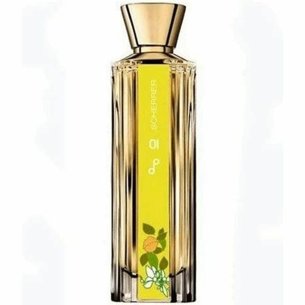 Scherrer Pop Delights 01 Flakon. Gelbes Etikett mit floralen Motiven. Transparenter Glasflakon mit goldfarbenem Verschluss.