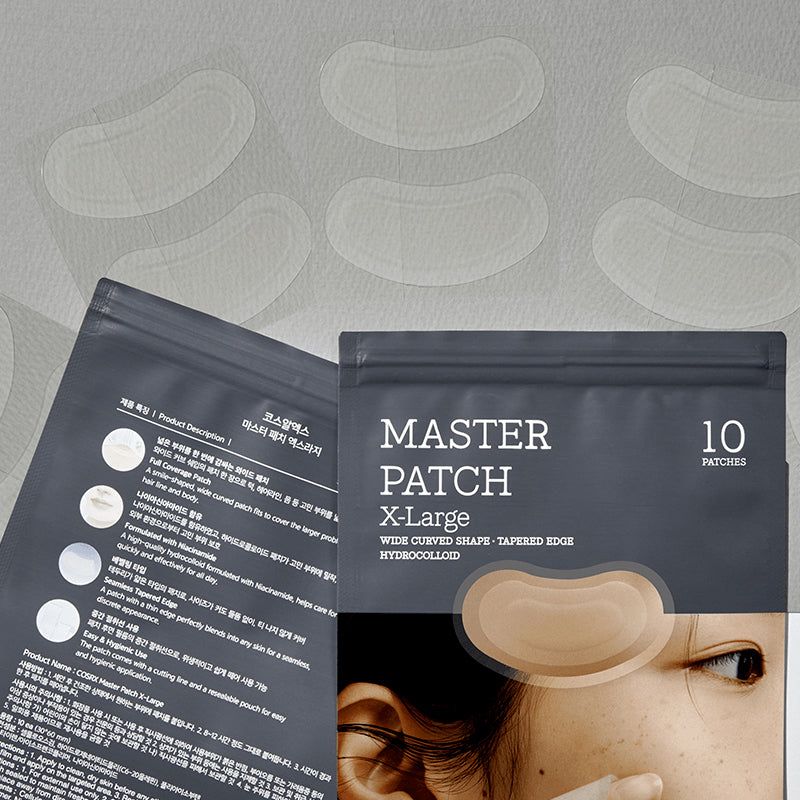 Zwei Packungen mit Pflastern. Auf der Verpackung steht "MASTER PATCH X-Large". Mehrere ovale Pflaster sind sichtbar.