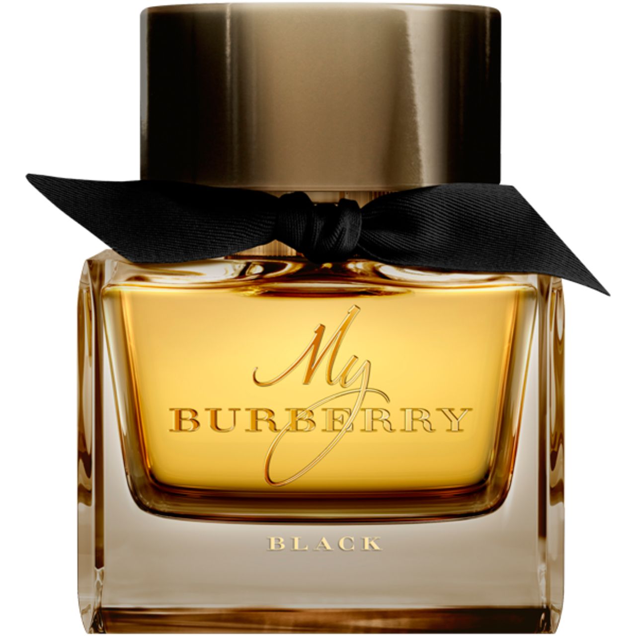 Burberry My Burberry Black E.d.P. Nat. Spray. Quadratischer Flakon mit schwarzer Schleife und goldfarbenem Verschluss.