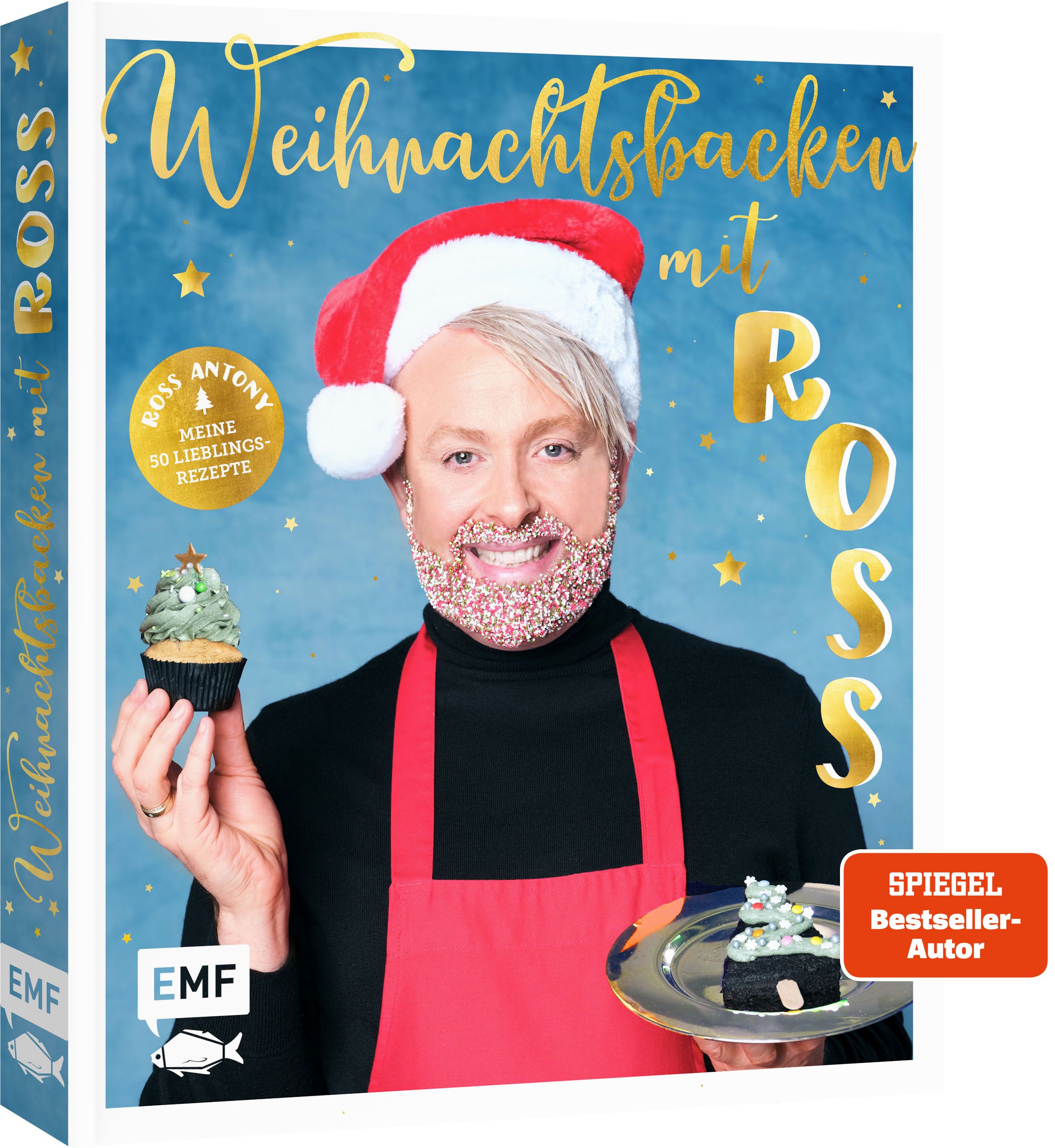 Buch "Weihnachtsbacken mit Ross Antony". Cover mit Ross Antony in Weihnachtsmütze, Cupcake haltend. Spiegel Bestseller.
