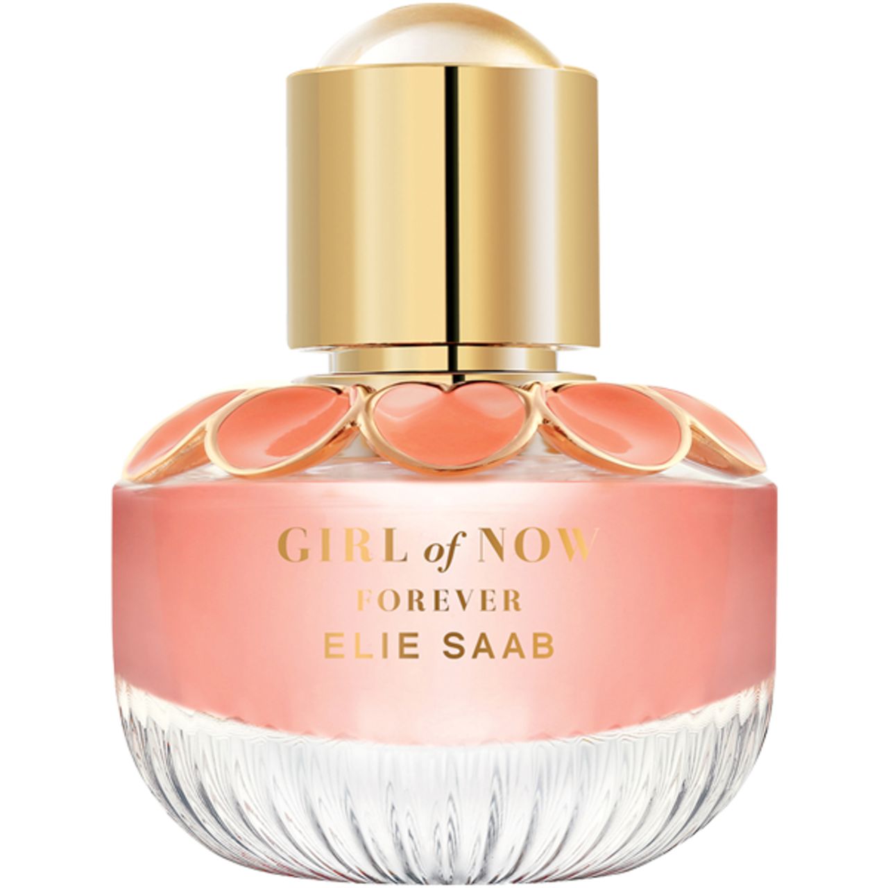 Parfümflakon mit goldfarbenem Deckel und rosa Flüssigkeit. Aufschrift: GIRL of NOW FOREVER ELIE SAAB. Blütenförmige Verzierungen.