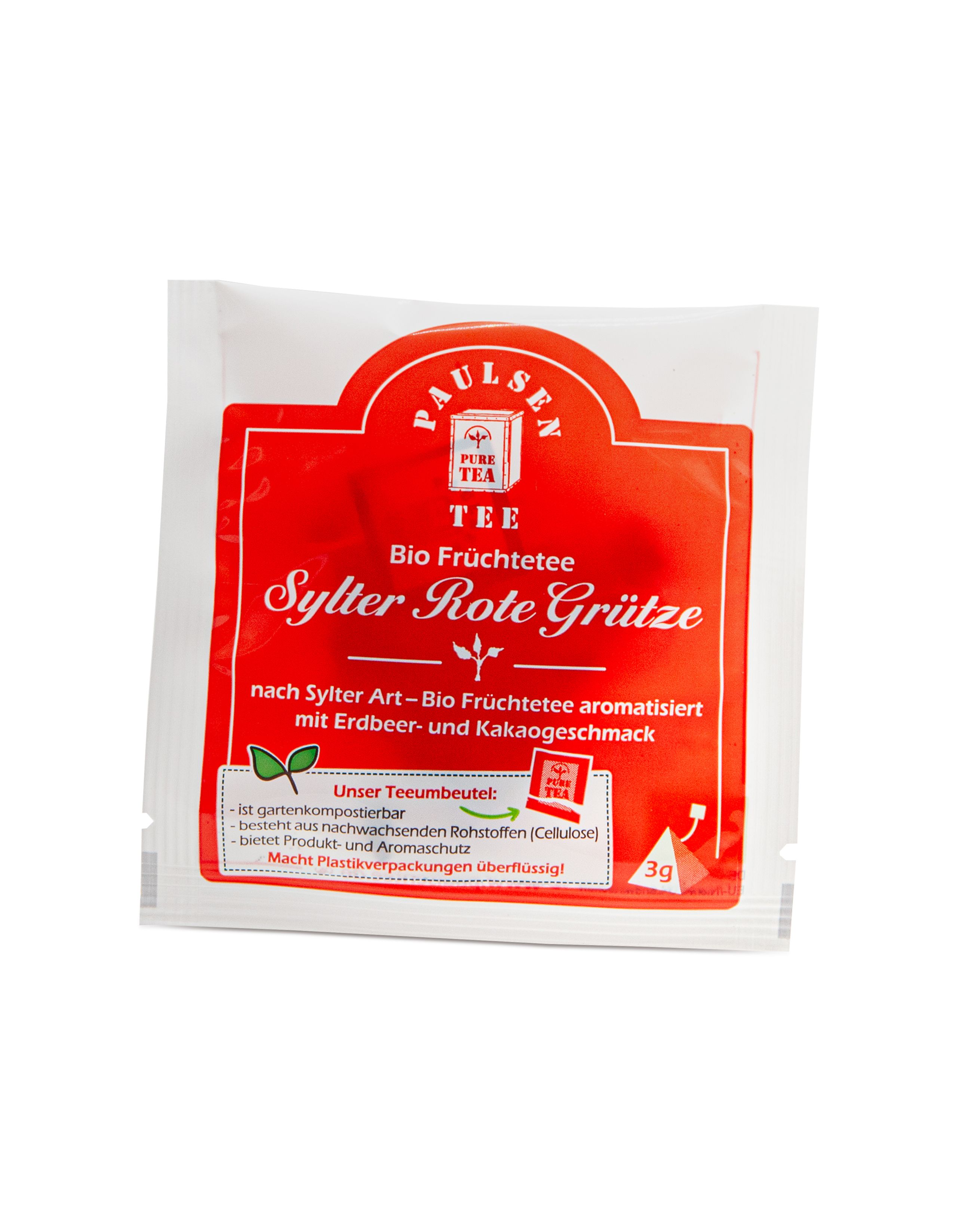 Weißer Teebeutel mit rotem Etikett. Text: Bio Früchtetee Sylter Rote Grütze. Logo: Paulsen Tee. 3g.