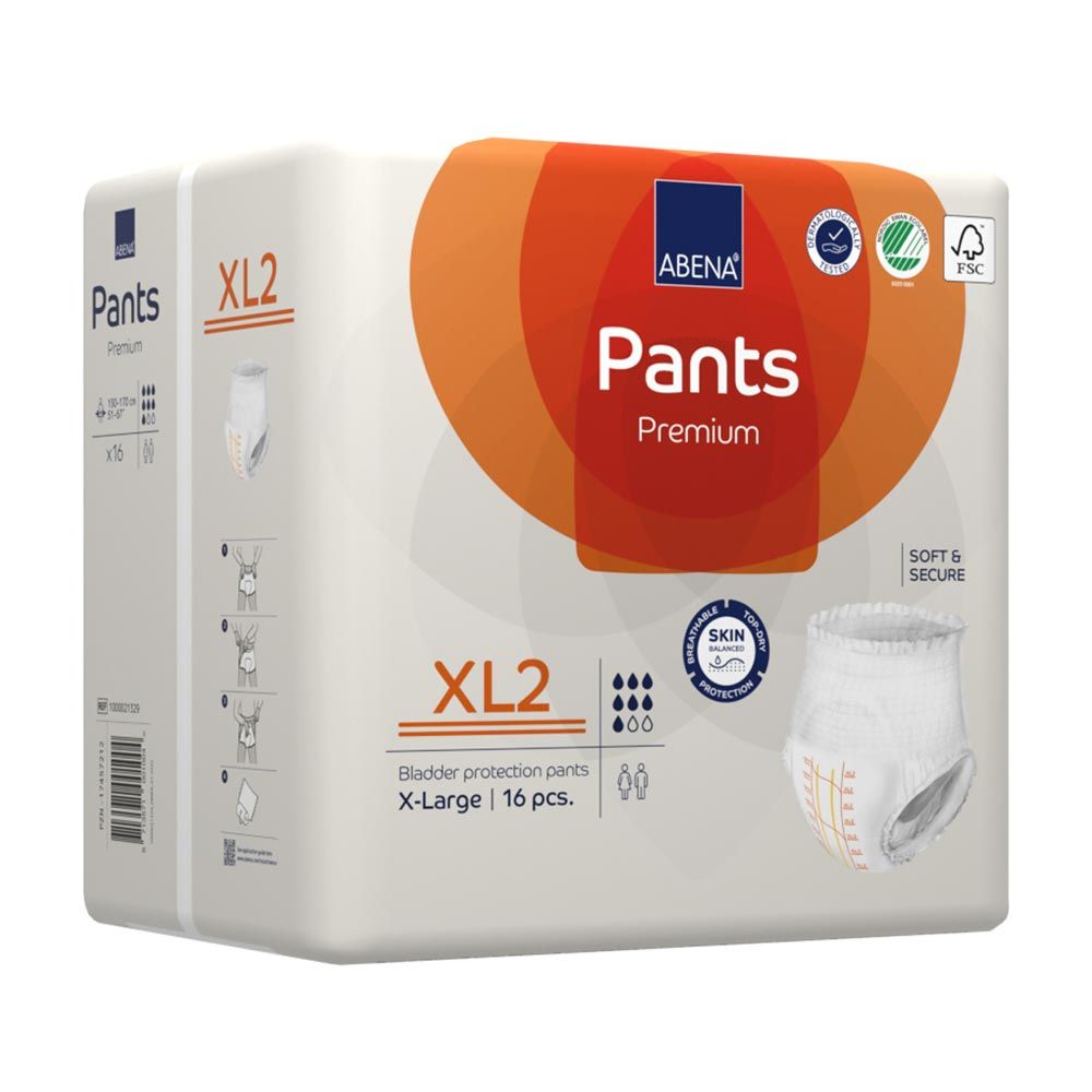 Abena Pants Premium XL2 Packung. Orange-weiße Verpackung. Enthält 16 Stück. FSC-Zertifizierung. Produktinformationen.