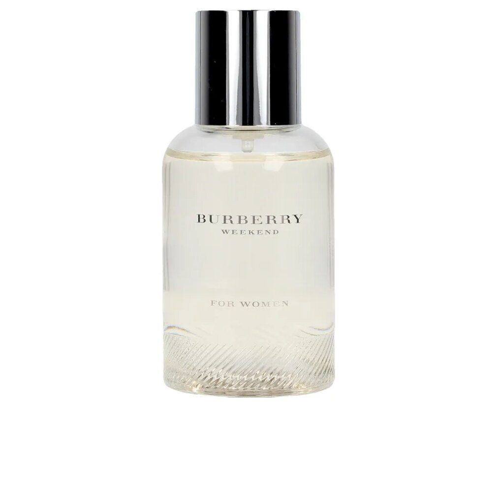 Burberry Weekend Eau de Parfum Spray. Transparente Flasche mit silbernem Deckel. Schriftzug: Burberry Weekend For Women.