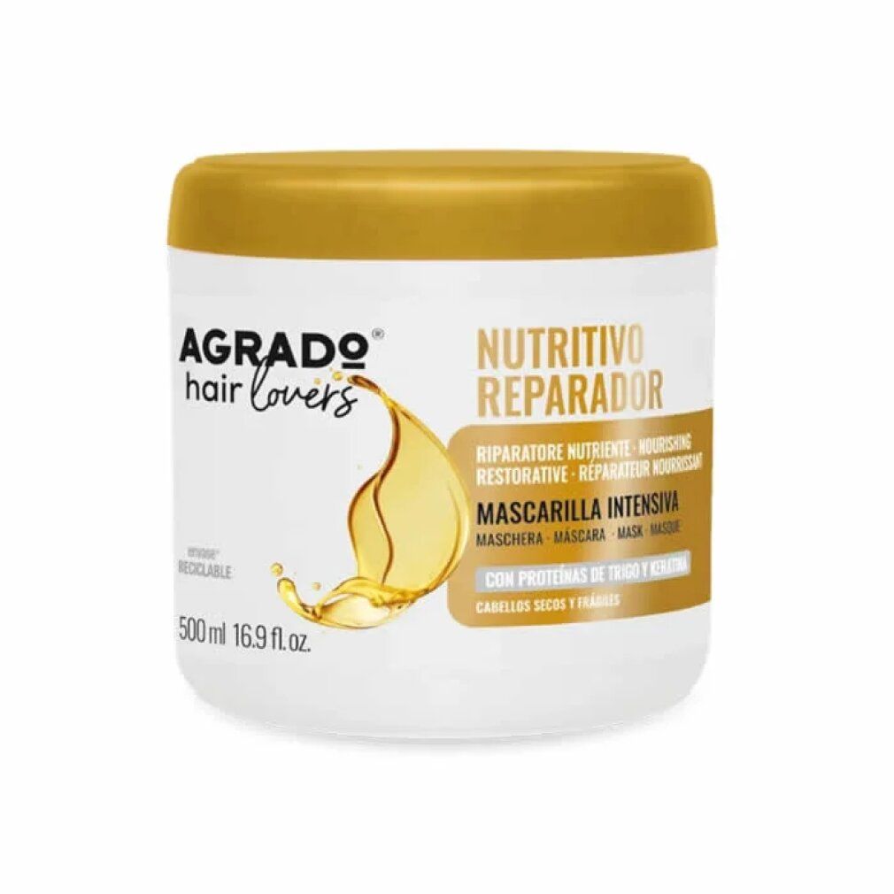Agrado Haarmaske, 500ml, weißer Behälter mit goldenem Deckel, "Nutritivo Reparador" Aufschrift.