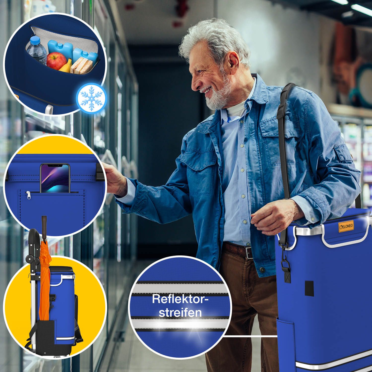 Blauer Einkaufstrolley im Supermarkt. Mann am Regal. Text: „Reflektorstreifen“. Kühltasche und Innentasche.