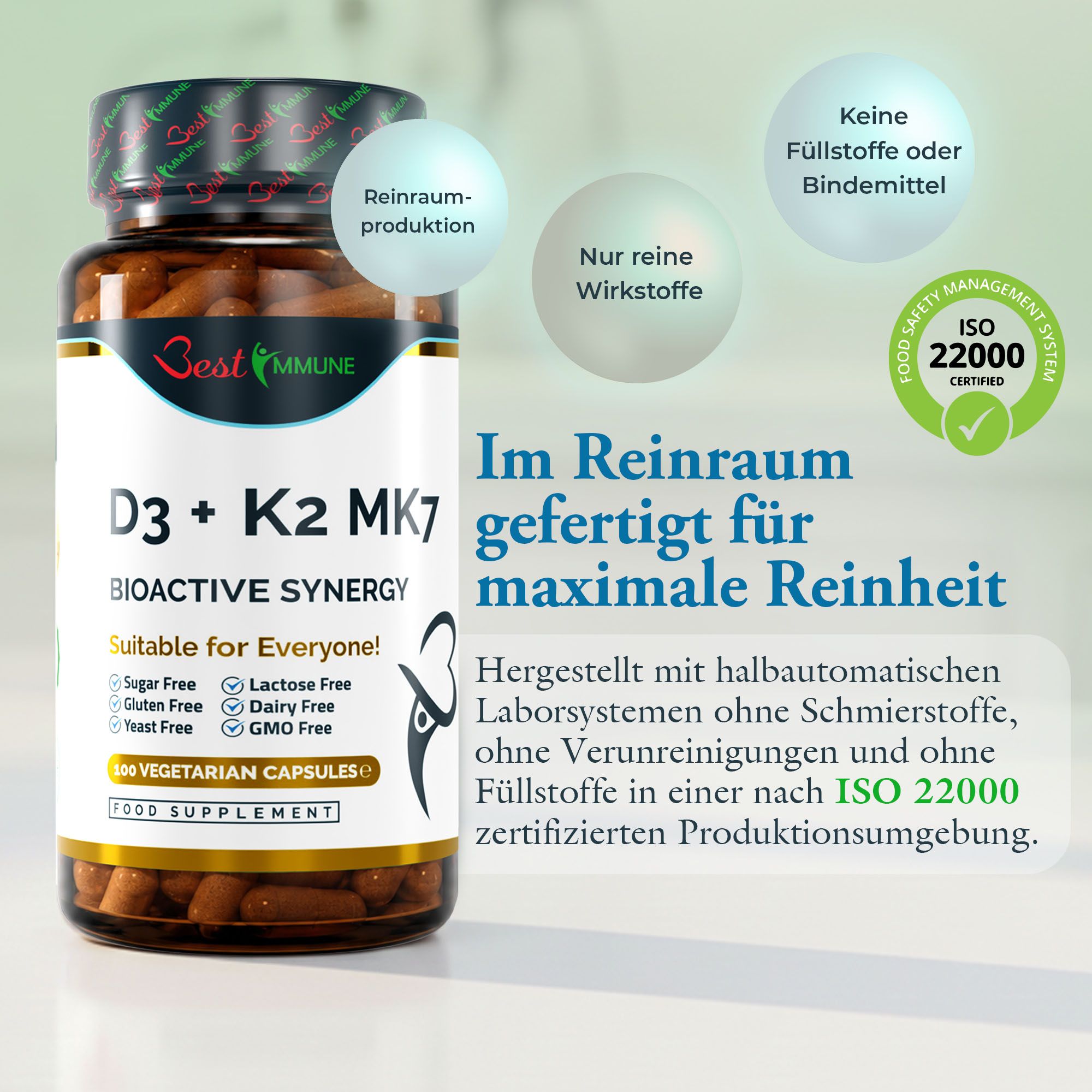 Braune Kapsel mit Best Immune D3 + K2 MK7 Etikett, ISO 22000 Zertifizierung.