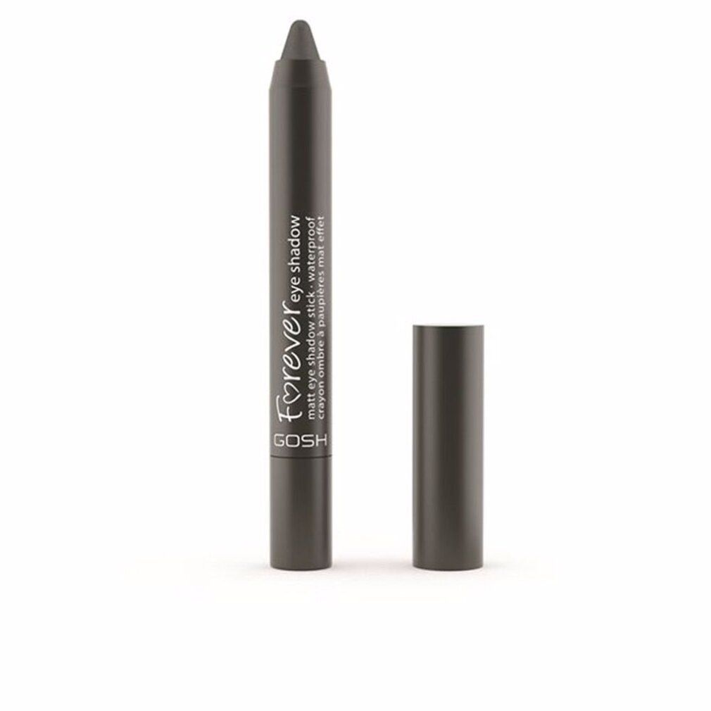 Gosh Forever Matt Eyeshadow 12 Dark Grey. Dunkelgrauer Lidschattenstift mit abgenommenem Deckel. Produktname und Marke sichtbar.