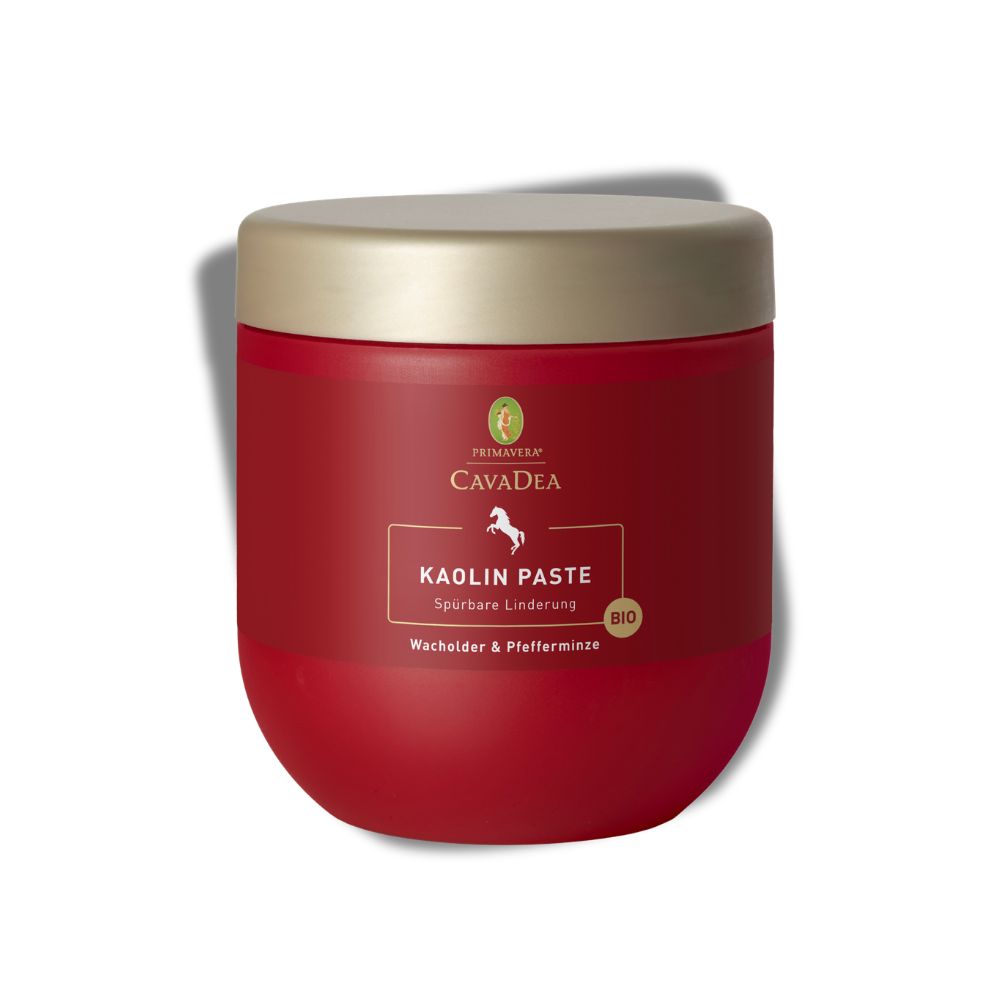 Rote Dose mit goldfarbenem Deckel. Aufschrift: CavaDea Kaolin Paste, Bio. Logo mit Pferd.