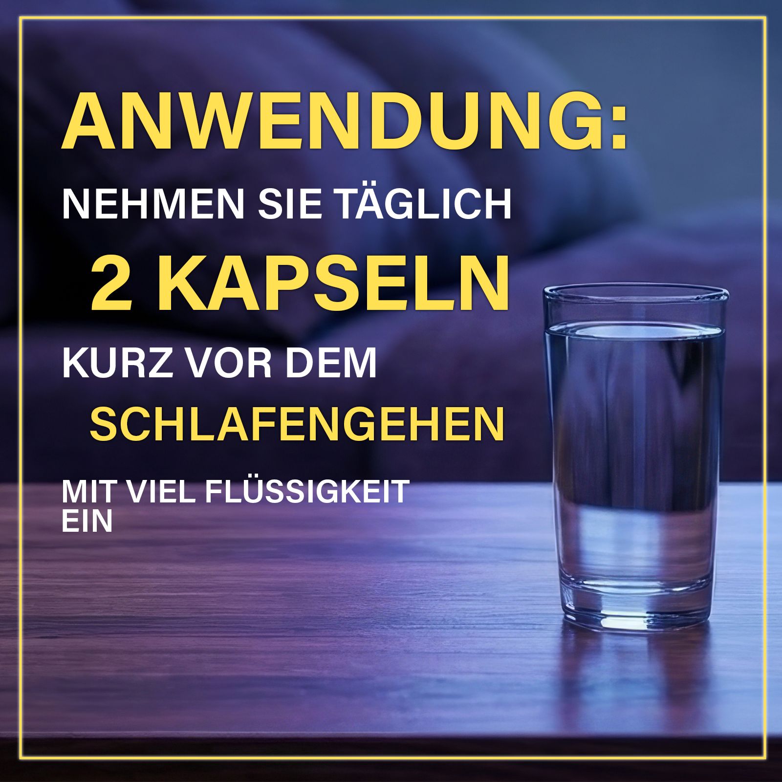 Glas Wasser neben einer Enolenia Keto Night Dose, Anwendungshinweis: 2 Kapseln vor dem Schlafen.